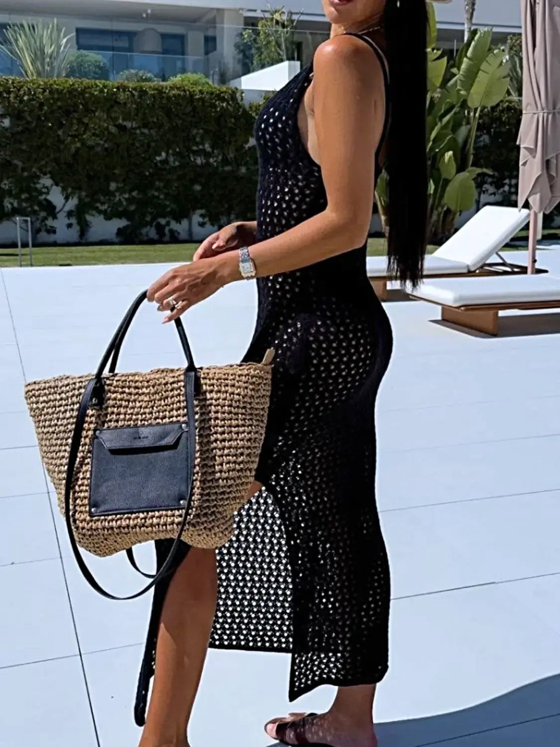 Openwork Slit Scoop Neck Sweater Dress -