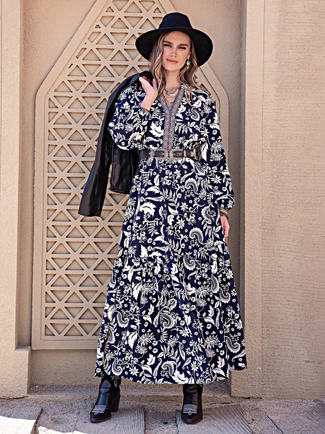 Printed Notched Neck Maxi Dress -