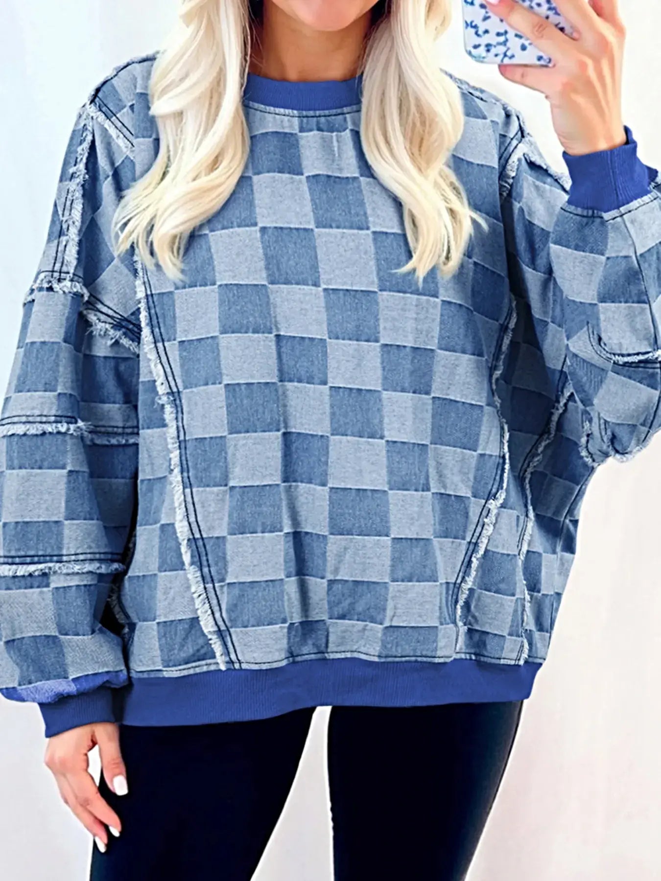 Checkerboard Splicing Raw Detail Oversized Denim Top -