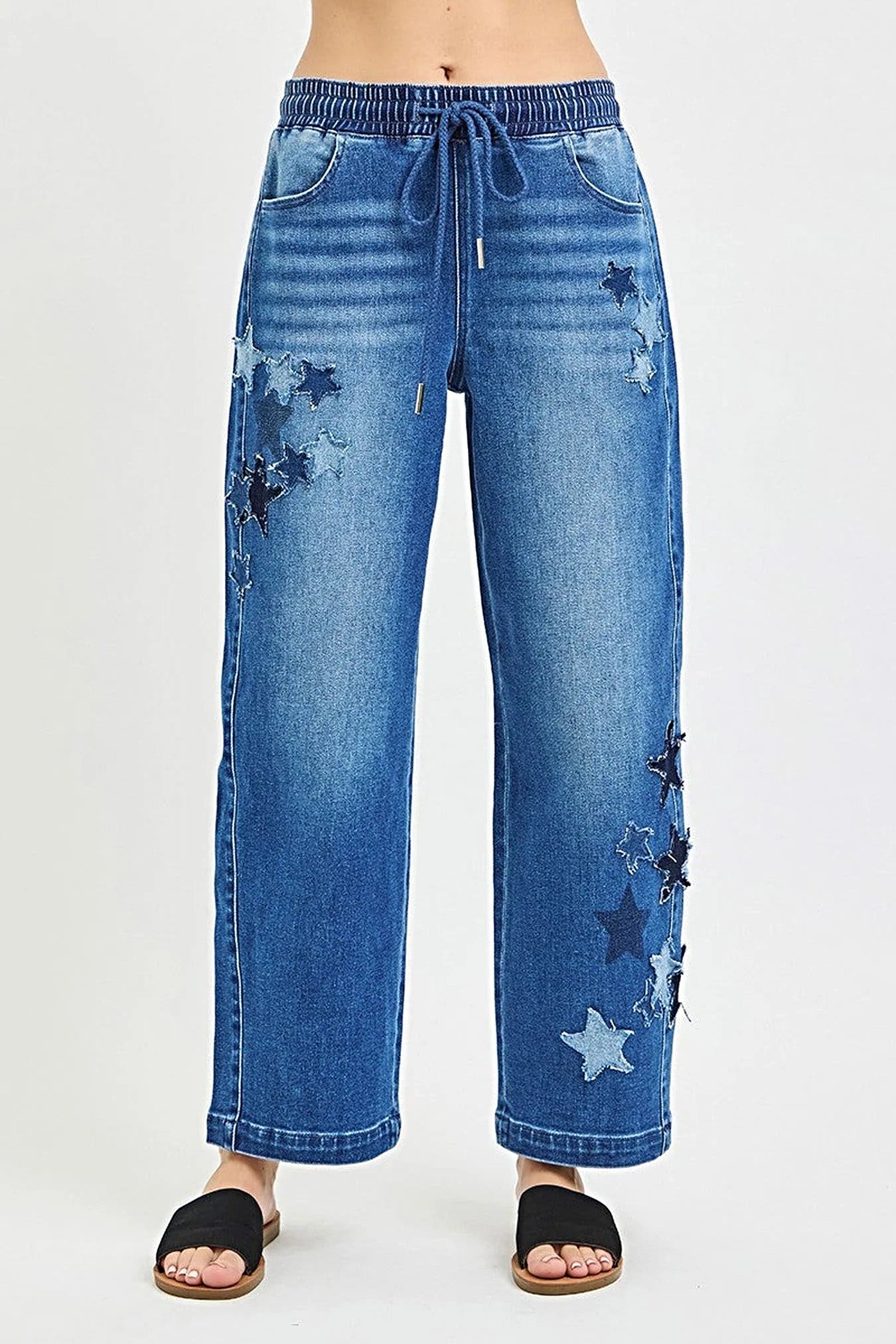 RISEN Elastic Band Slouchy Cropped Barrel with Star Patch -