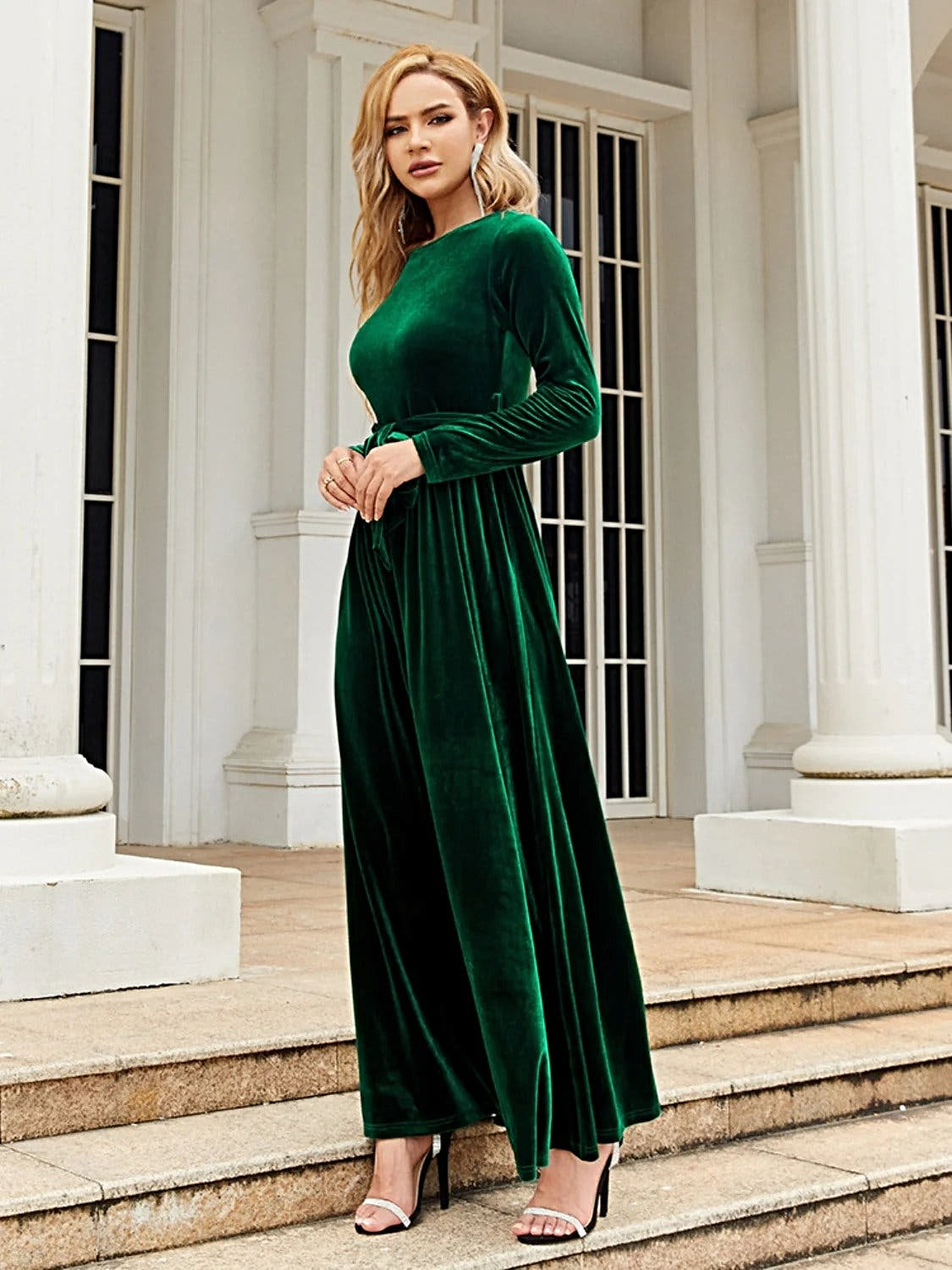 Elegant Tie Front Long Sleeve Maxi Dress in Opaque Polyester – Comfortable and Stylish Trendsi