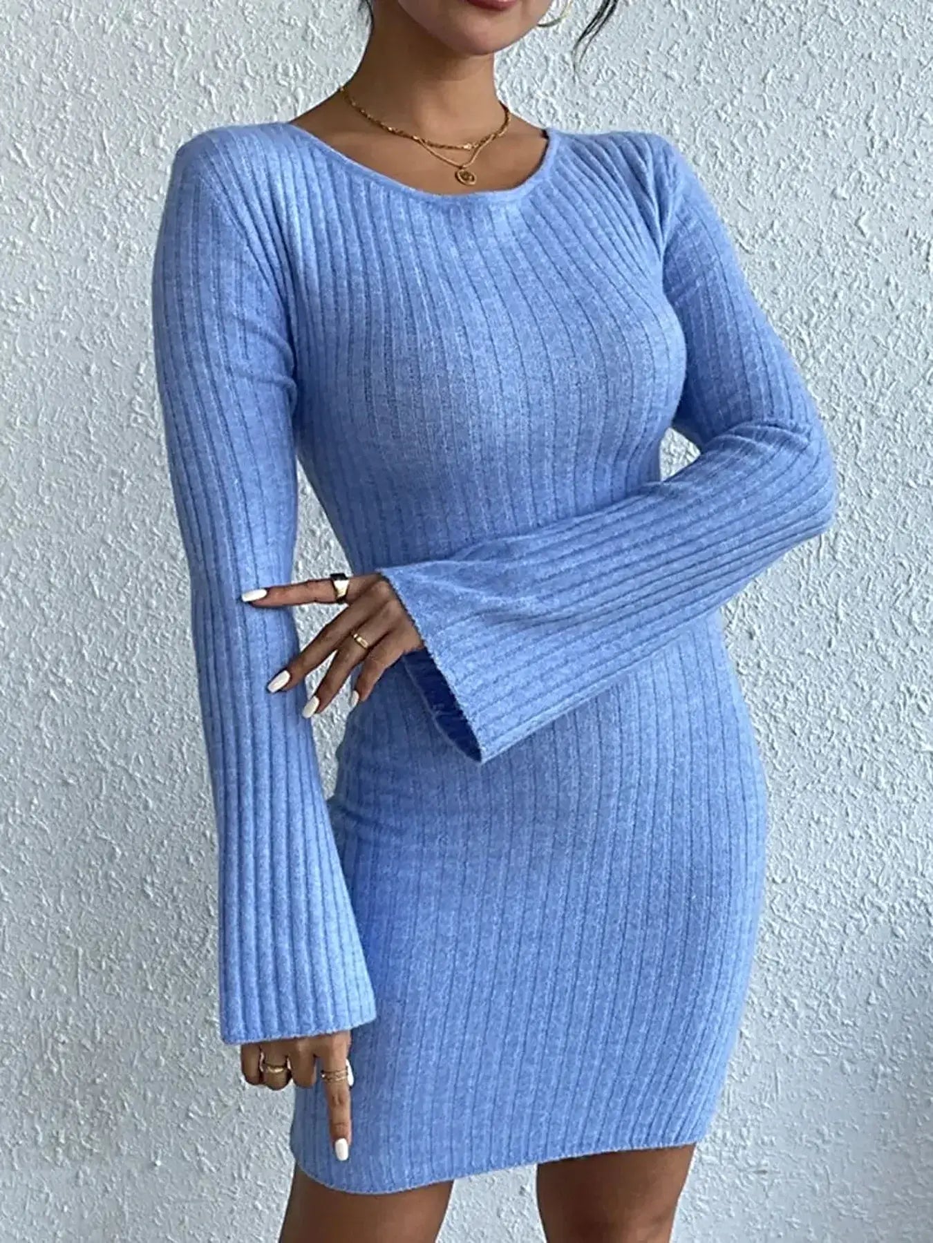 Backless Round Neck Long Sleeve Sweater Dress -