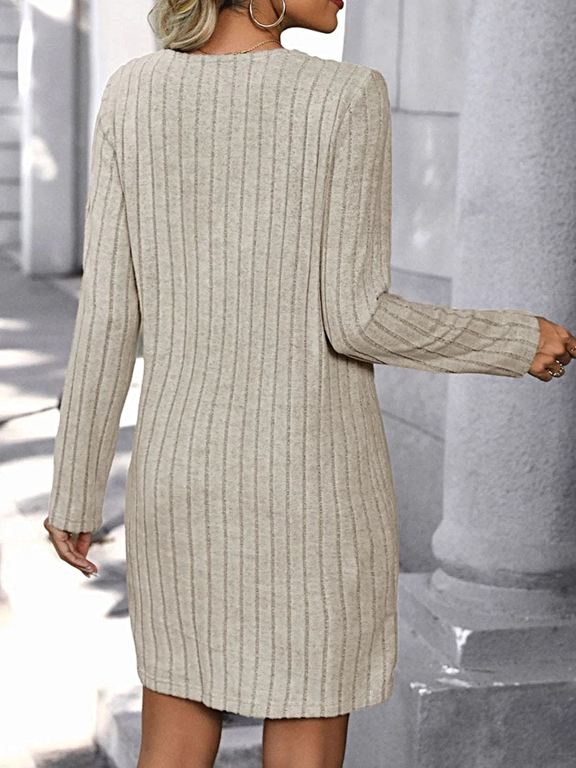 Perfee V-Neck Long Sleeve Dress with Decorative Button - Comfortable Stretch Fabric Trendsi