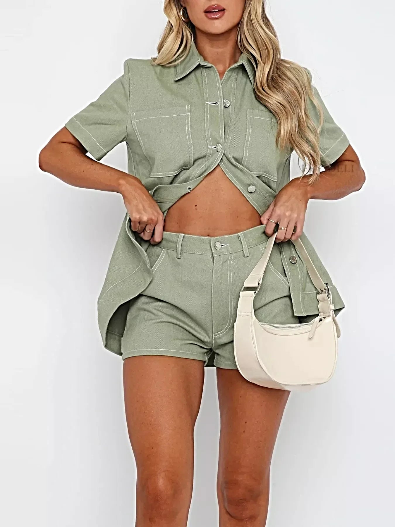 Button Up Short Sleeve Top and Shorts Denim Set -