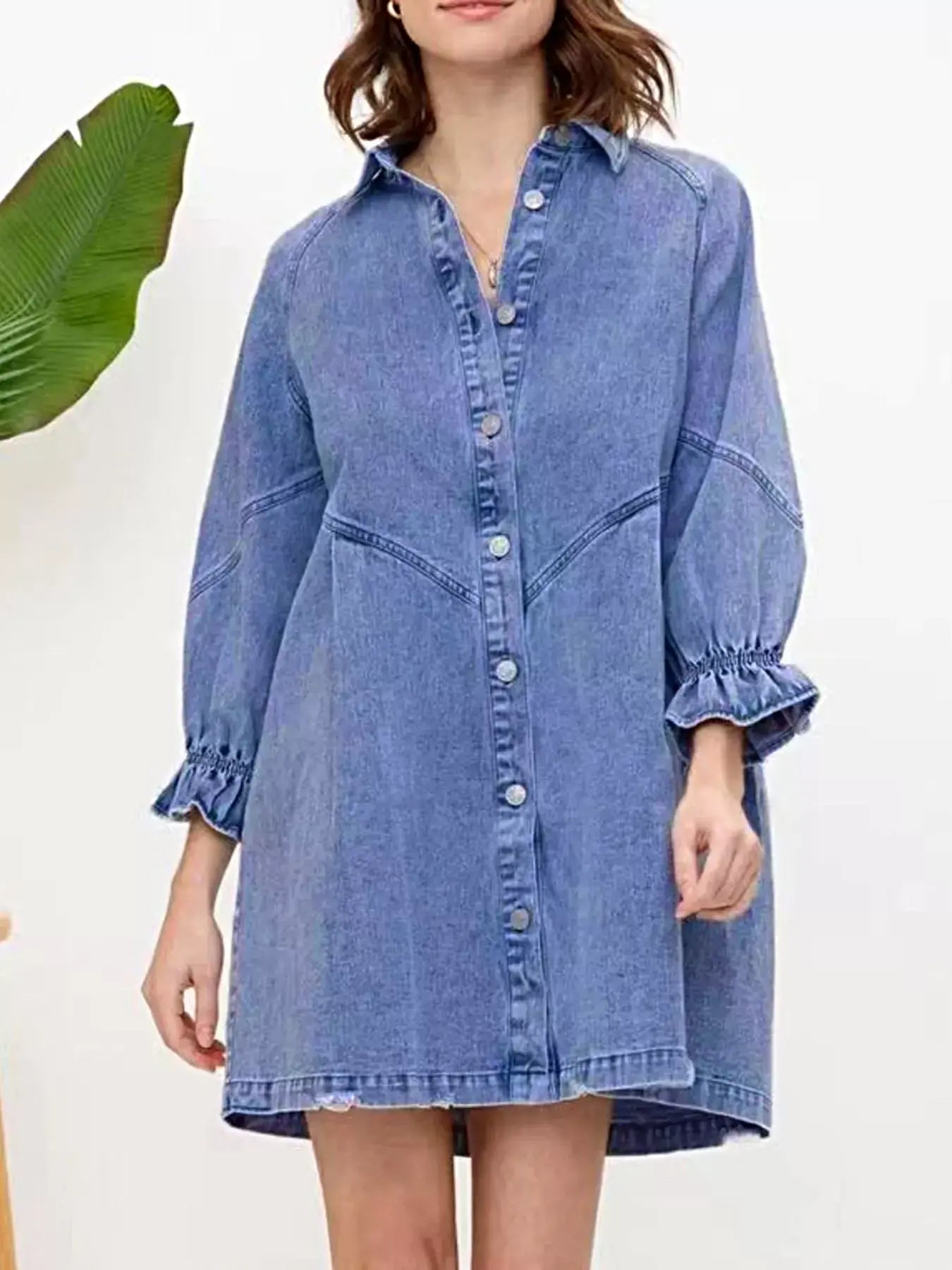 Ruffled Cuff Button-Down Denim Dress -