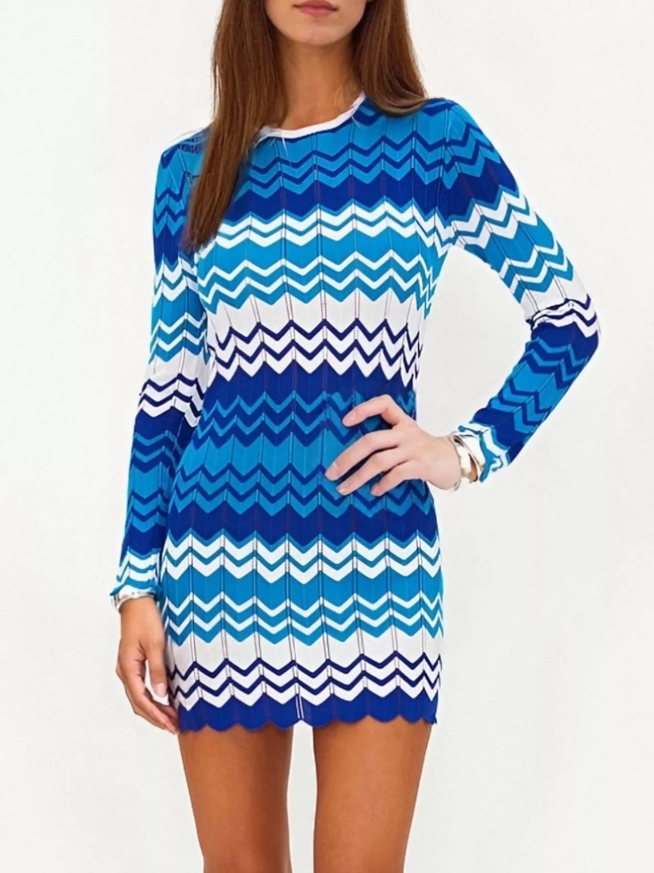 Openwork Wave Pattern Long Sleeve Sweater Dress -
