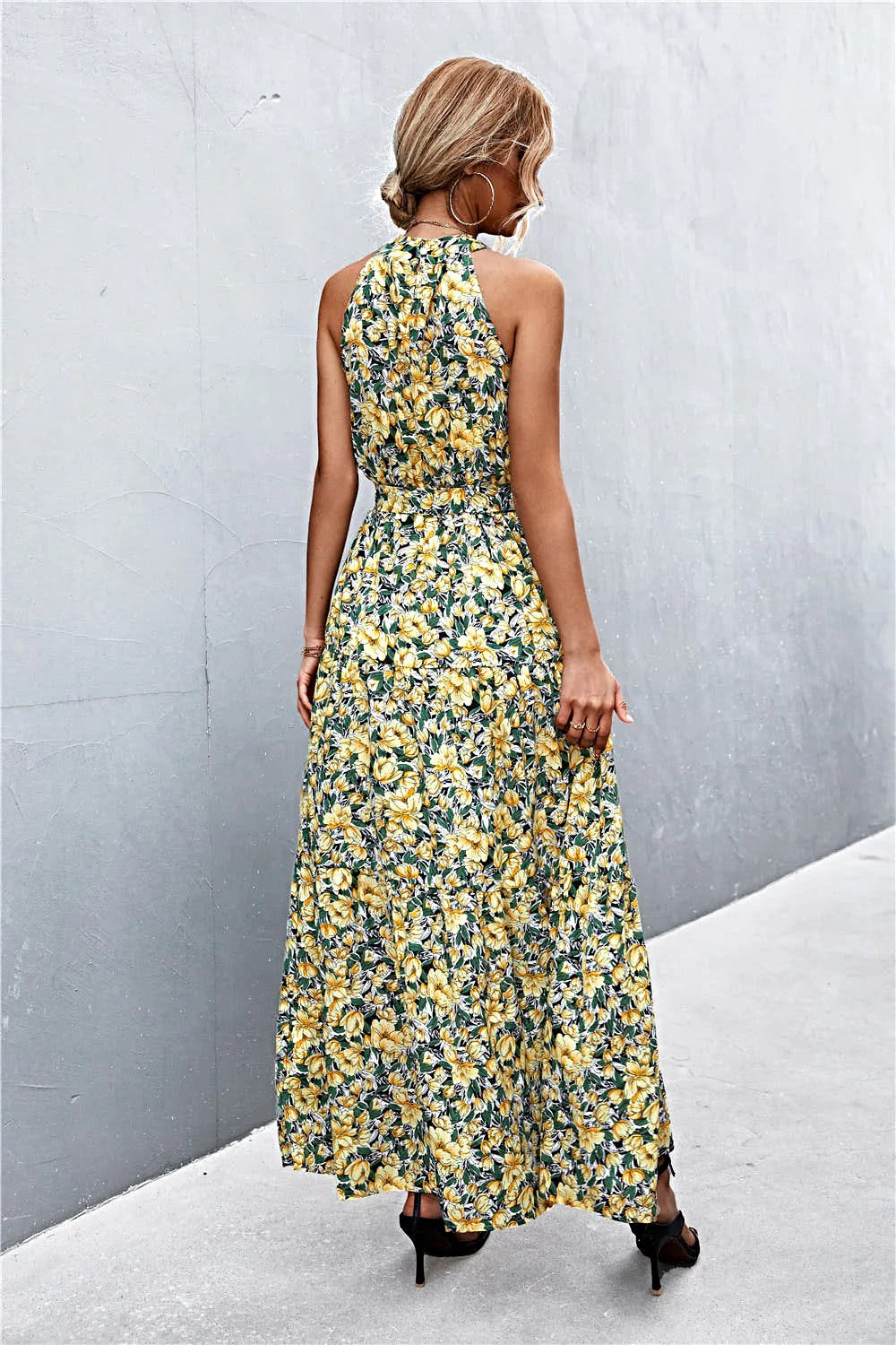 Grecian Printed Tie Waist Maxi Dress with Sleeveless Design and Polka Dot Floral Pattern Trendsi