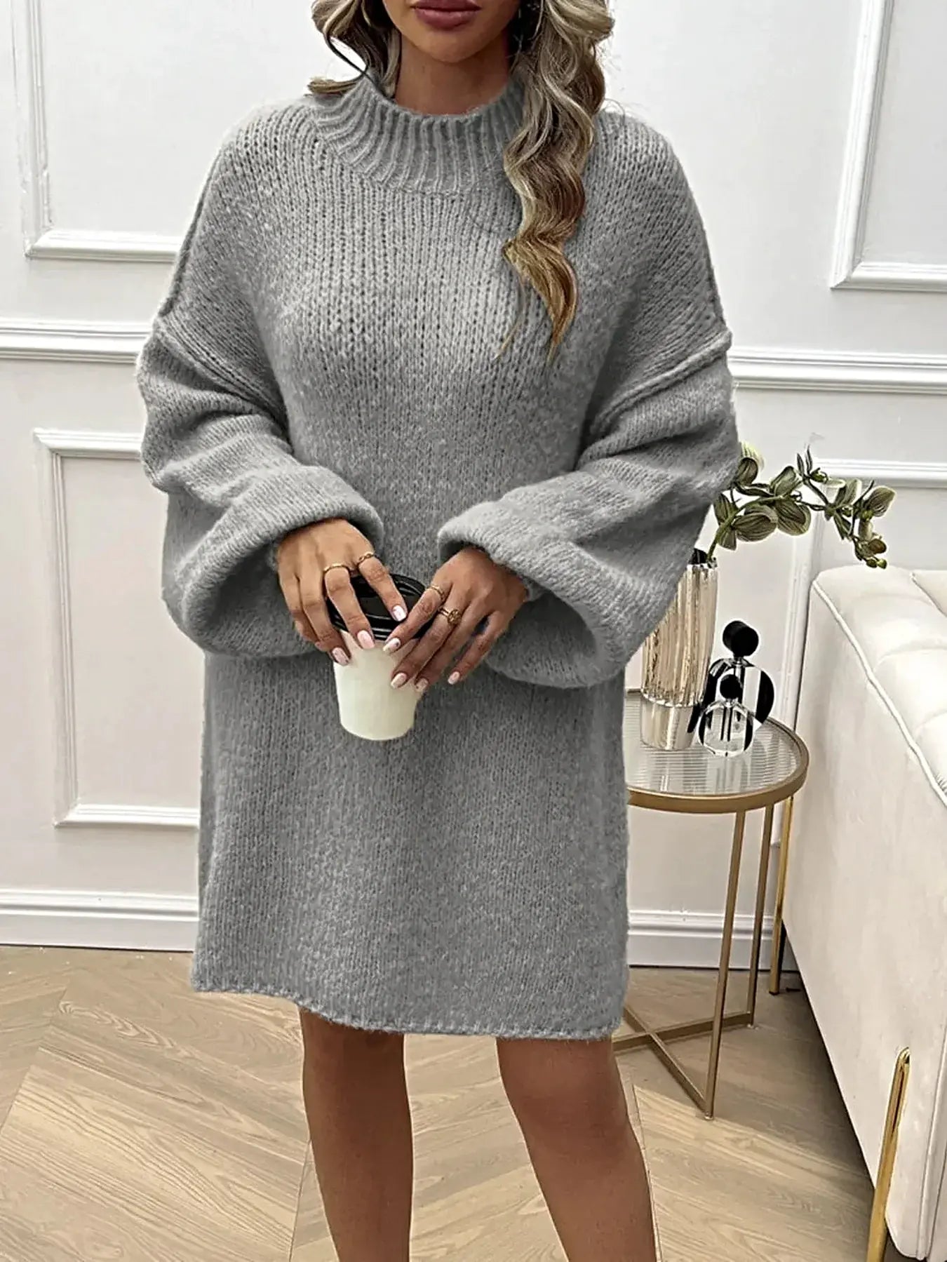 Devine Mock Neck Long Sleeve Mini Sweater Dress -