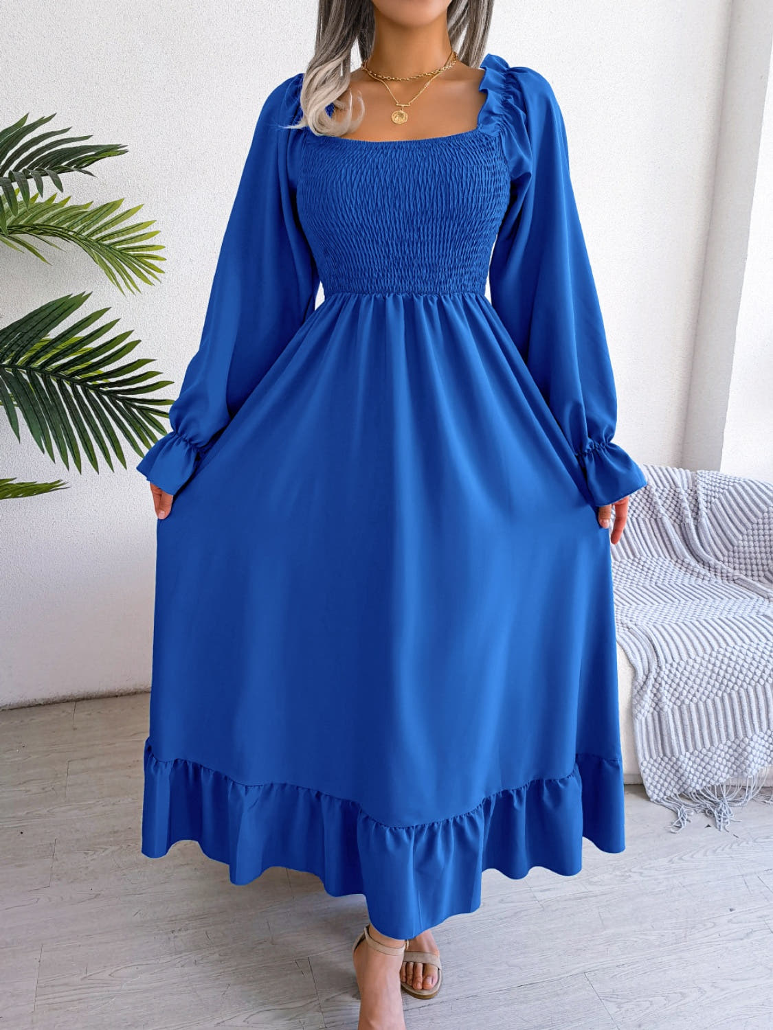Smocked Square Neck Flounce Sleeve Dress -
