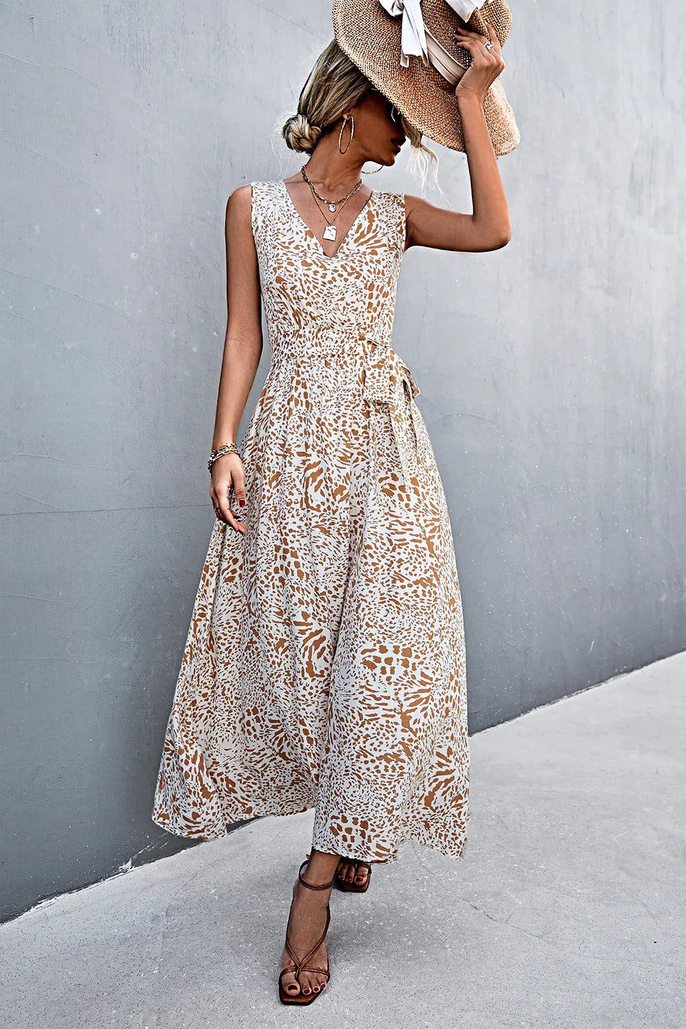 Printed V-Neck Tie Waist Maxi Dress -