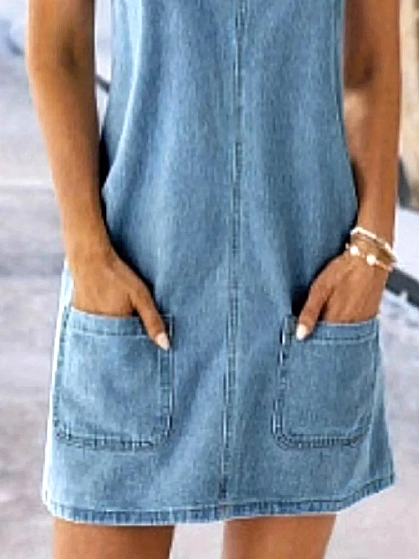 Wide Strap Denim Overall Dress with Pockets -
