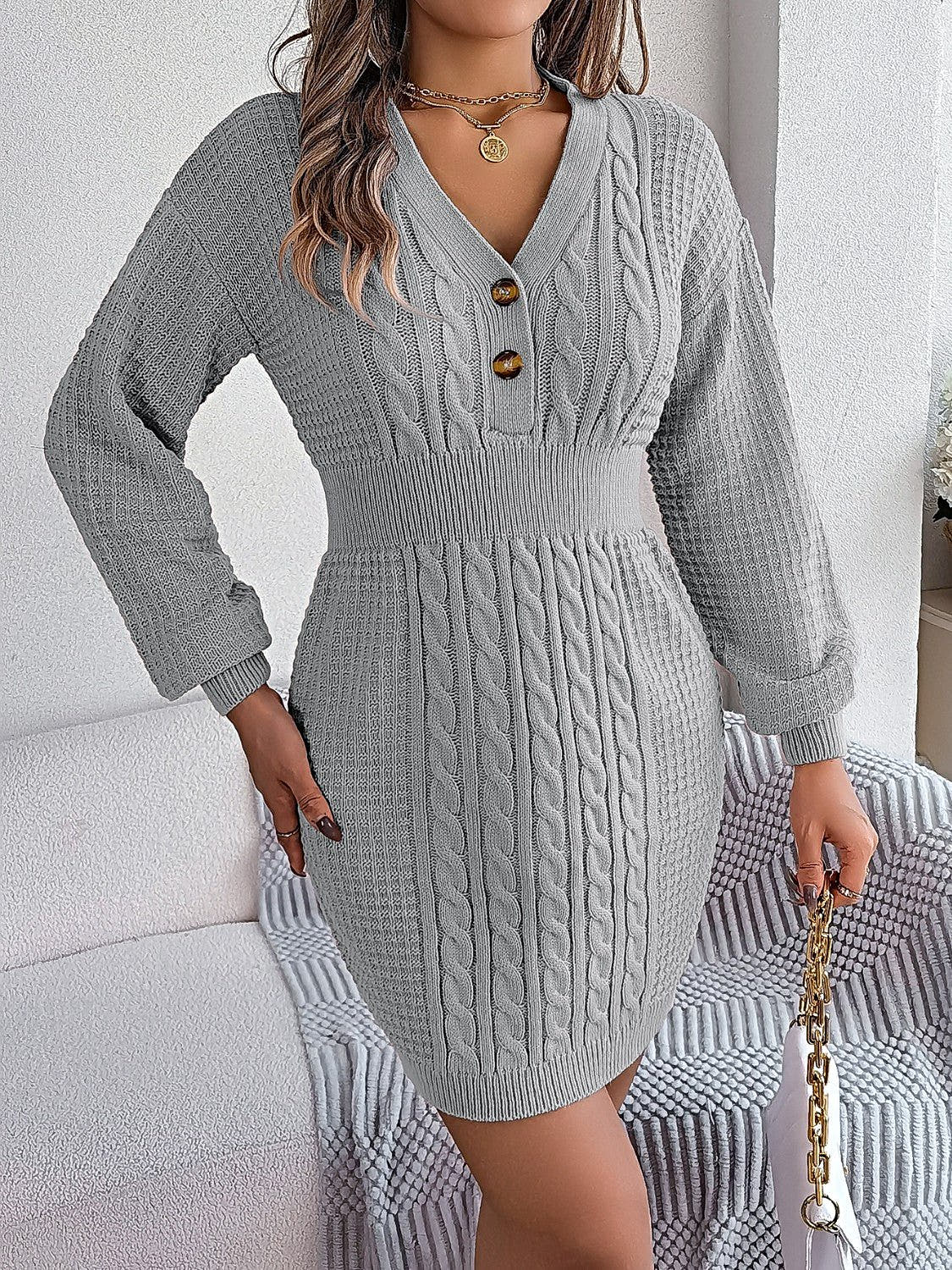 Elegant Buttoned Cable-Knit Dress with V-Neck, Moderate Stretch - 100% Acrylic Trendsi