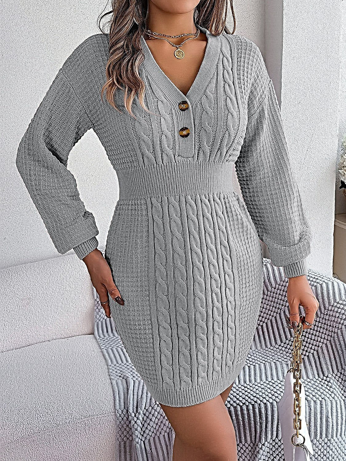 Elegant Buttoned Cable-Knit Dress with V-Neck, Moderate Stretch - 100% Acrylic -