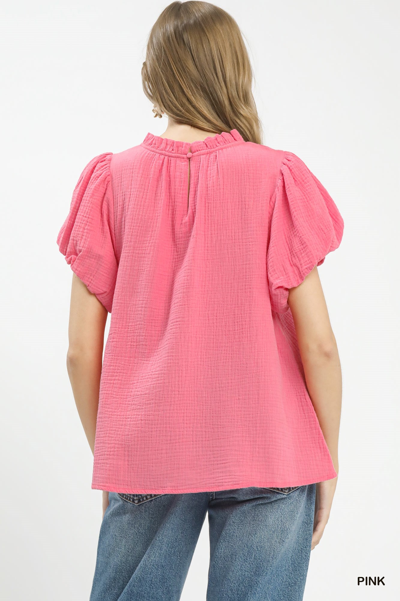 Umgee Textured Gauze Ruffle Neck Boho Top -