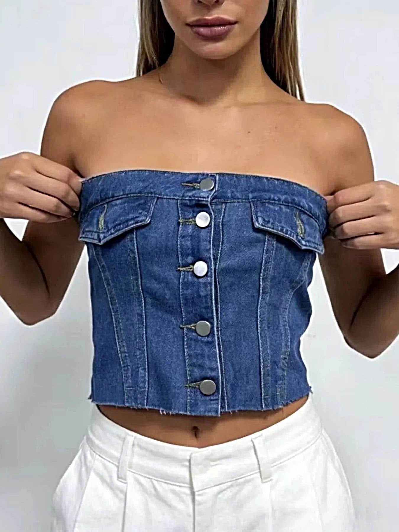 Button Front Denim Tube Top -