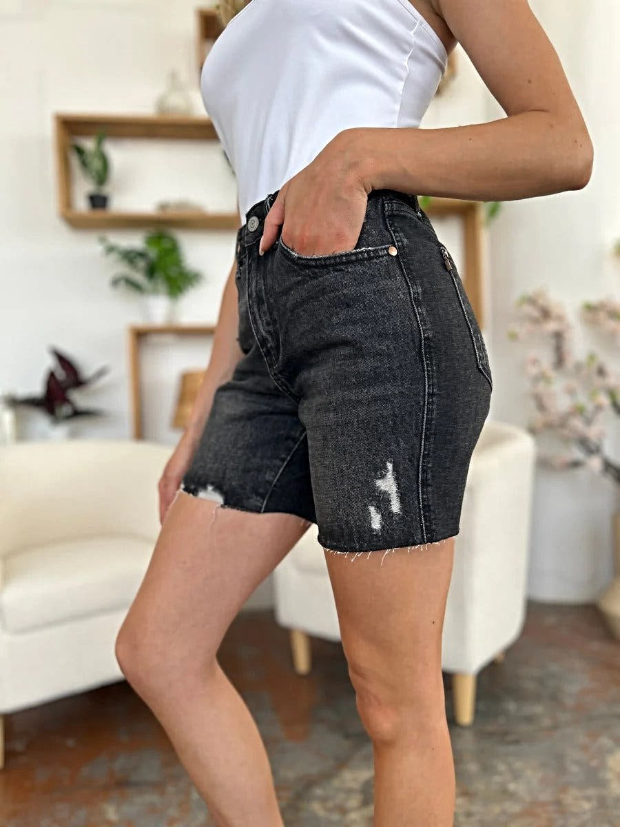 Judy Blue High Waist Denim Shorts - Full Size, Rigid Magic Fit with Raw Hem, Elevate Your Summer Style Trendsi