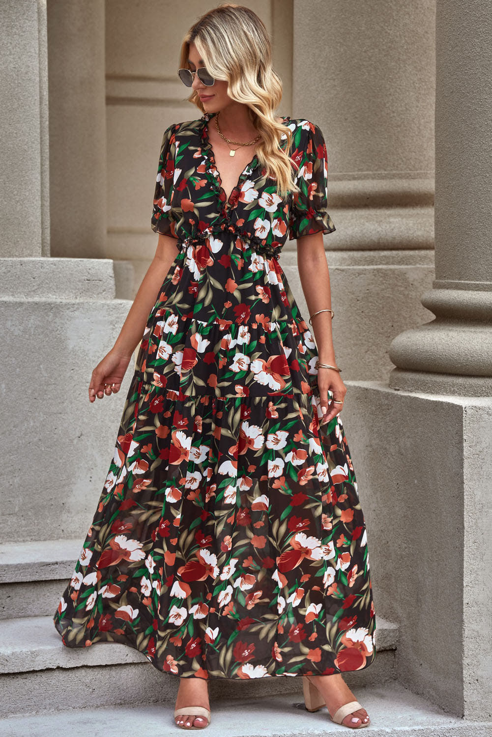 Elegant Floral V-Neck Dress with Short Flounce Sleeves, A-Line Maxi Length, 100% Polyester Trendsi