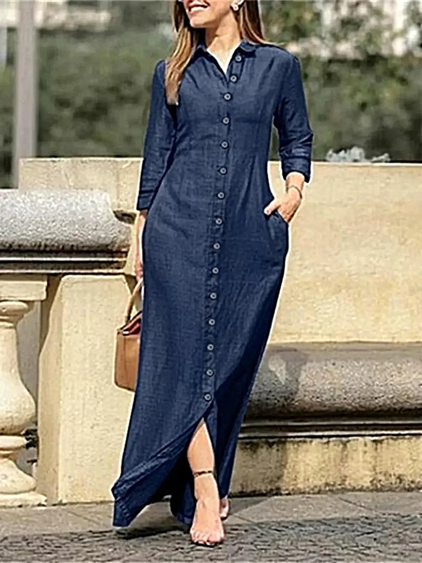 Full Size Button-Down Maxi Denim Dress Plus Size -