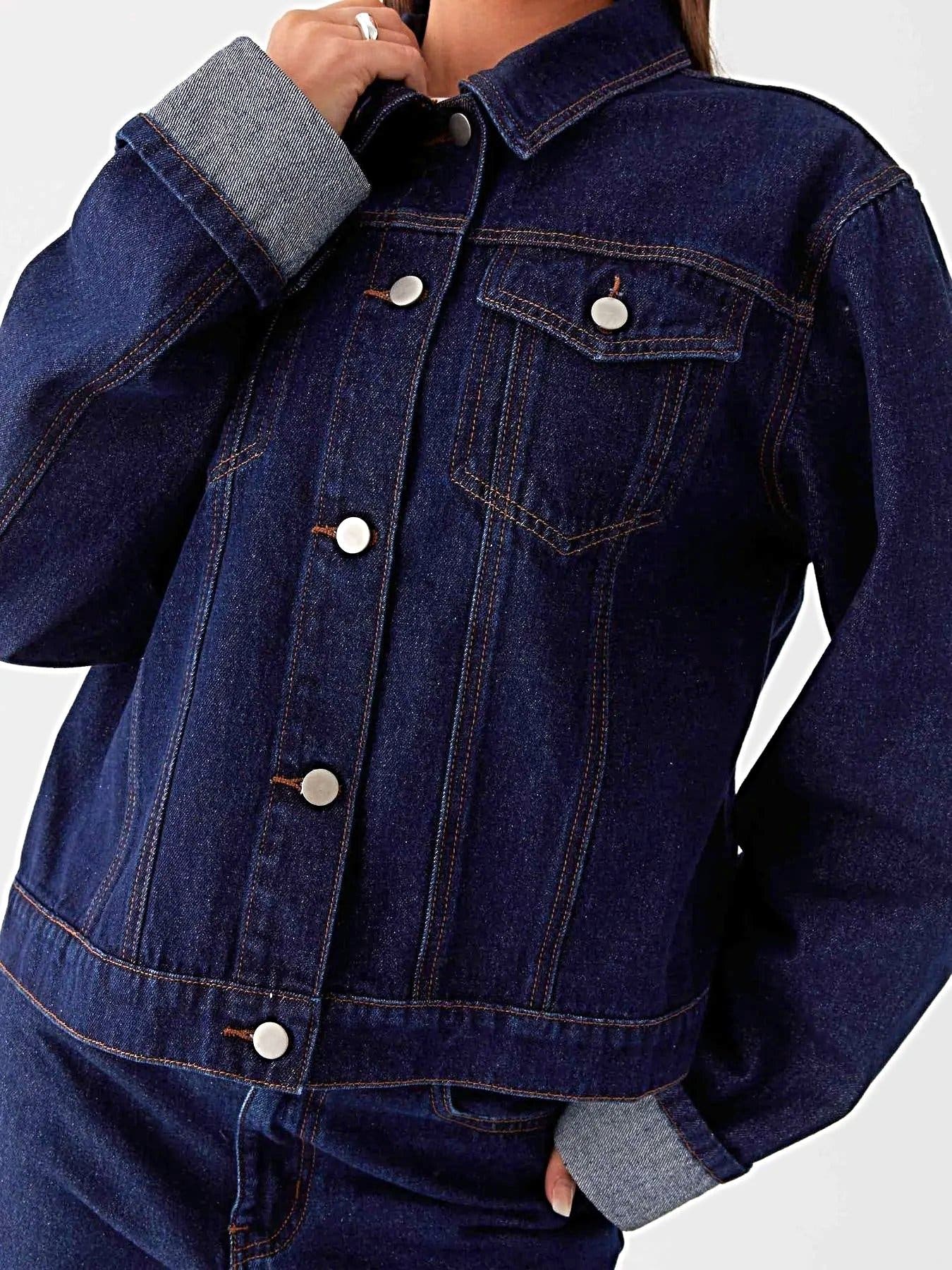 Button Down Cropped Oversized Denim Jacket -