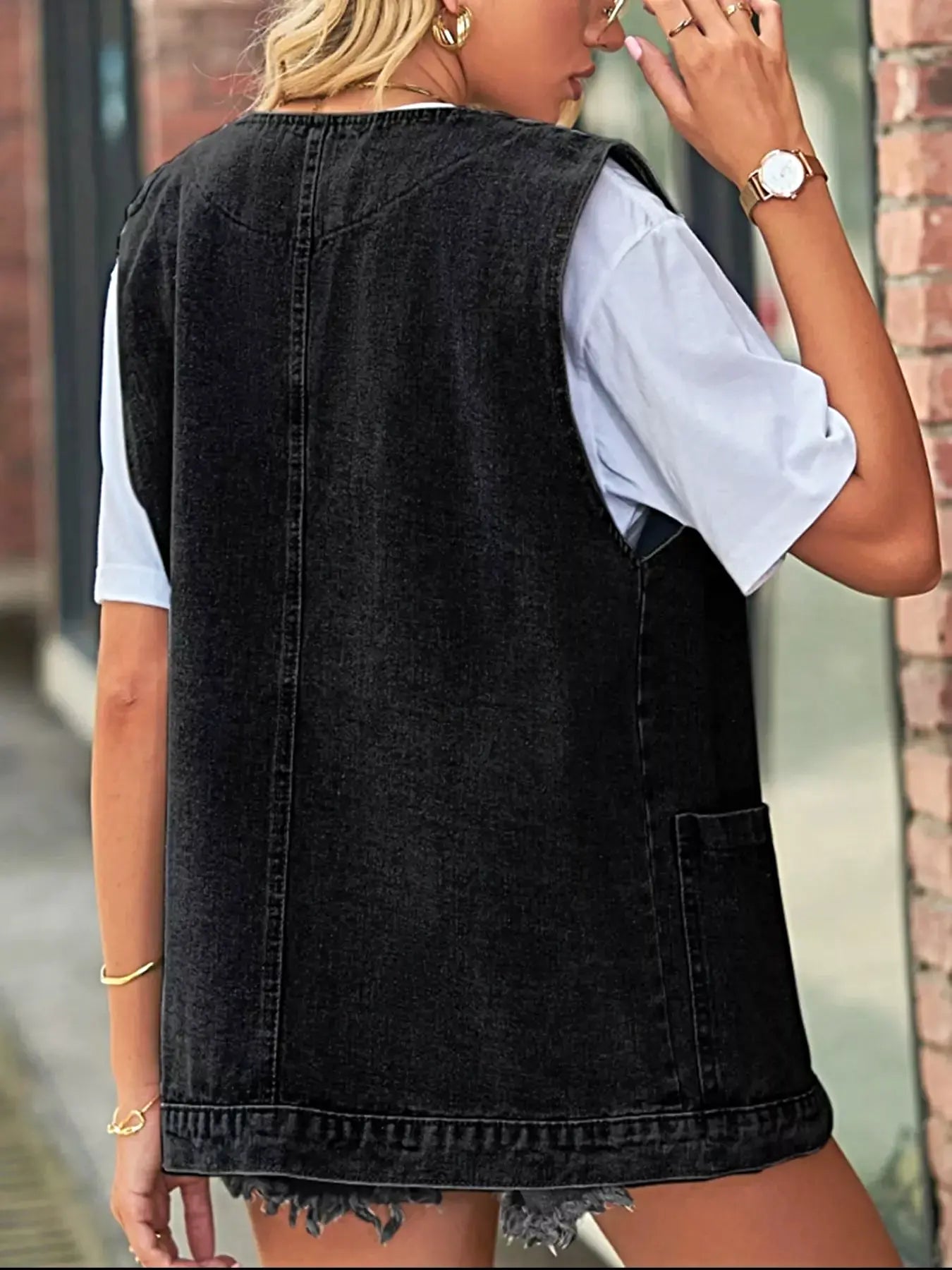 Sleeveless Button-Down Denim Jacket Vest -
