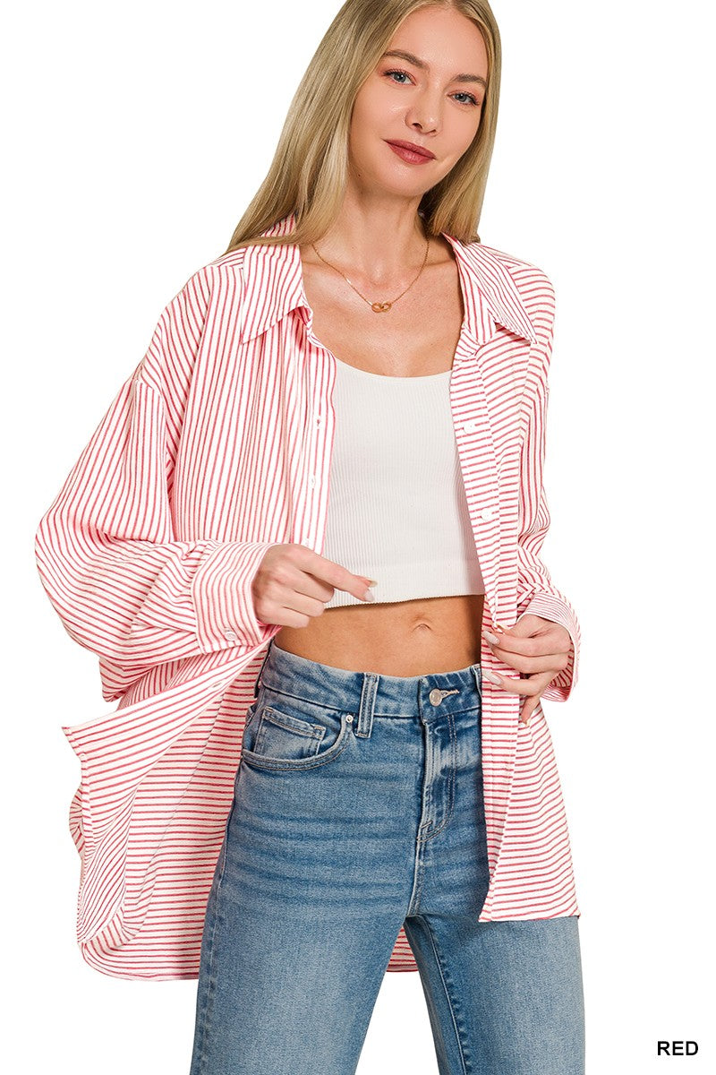 Zenana Woven Stripe Button Down Shirt -