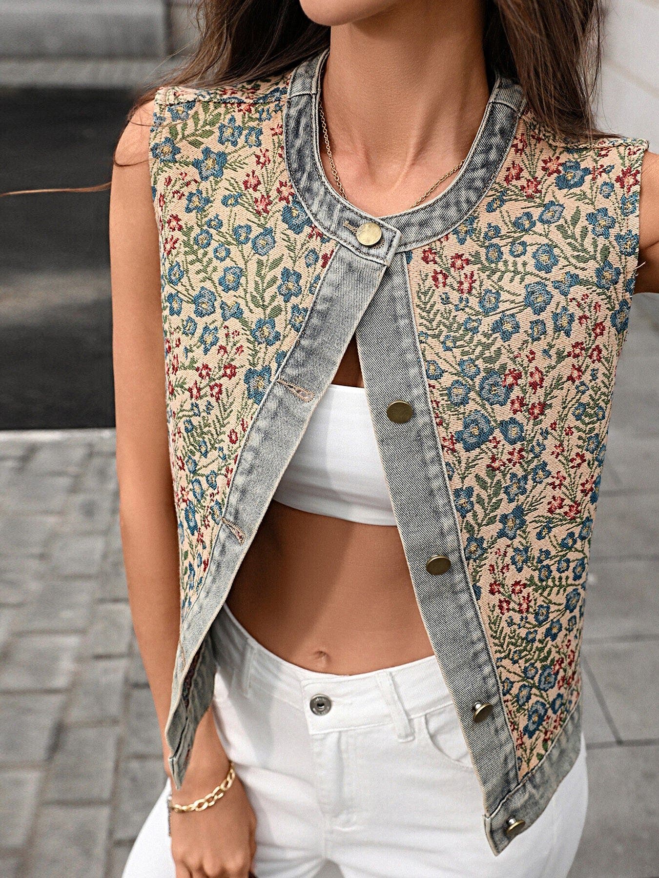 Floral Embroidered Sleeveless Denim Top -