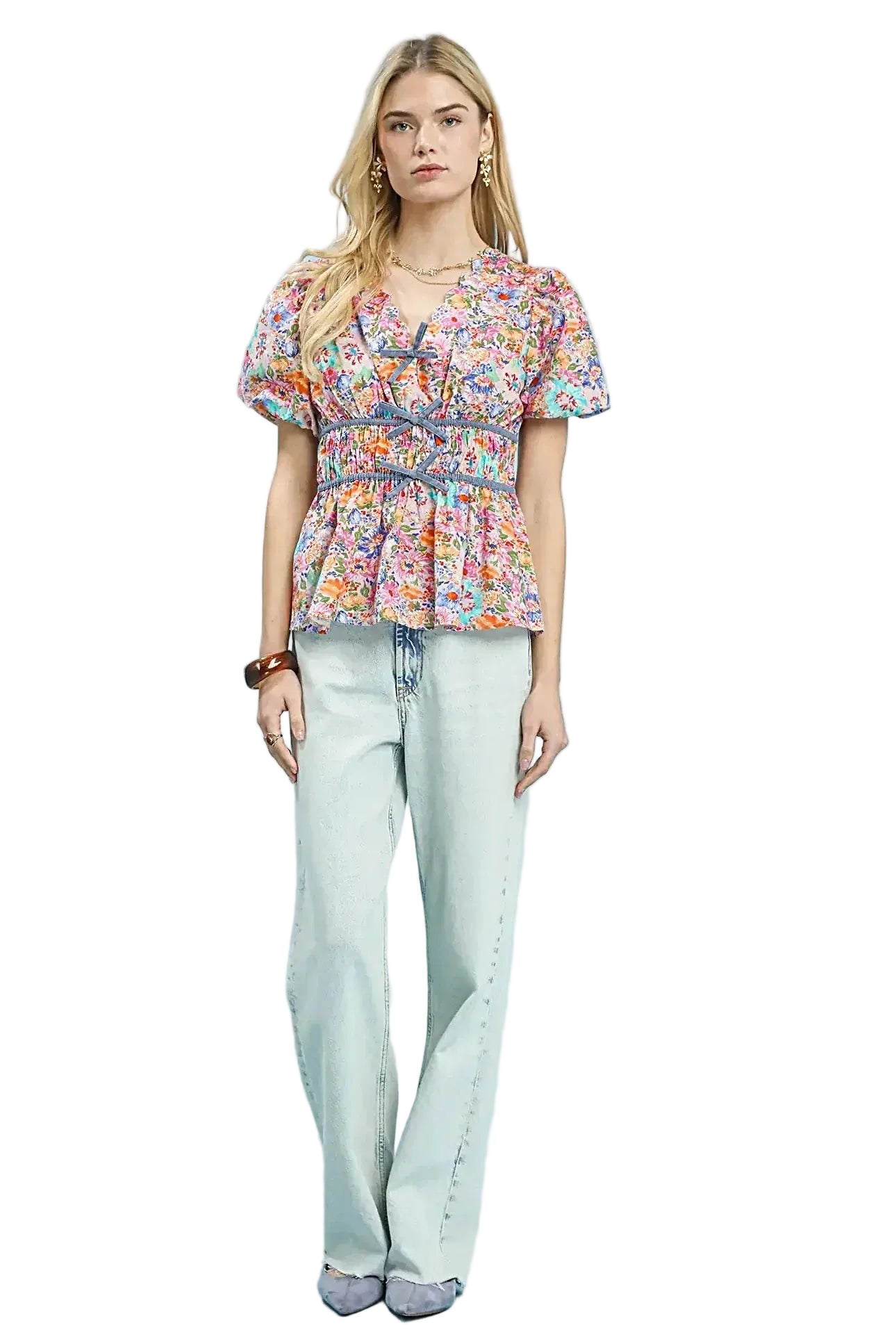 Umgee Mix Floral Smocked Waist Blouse -