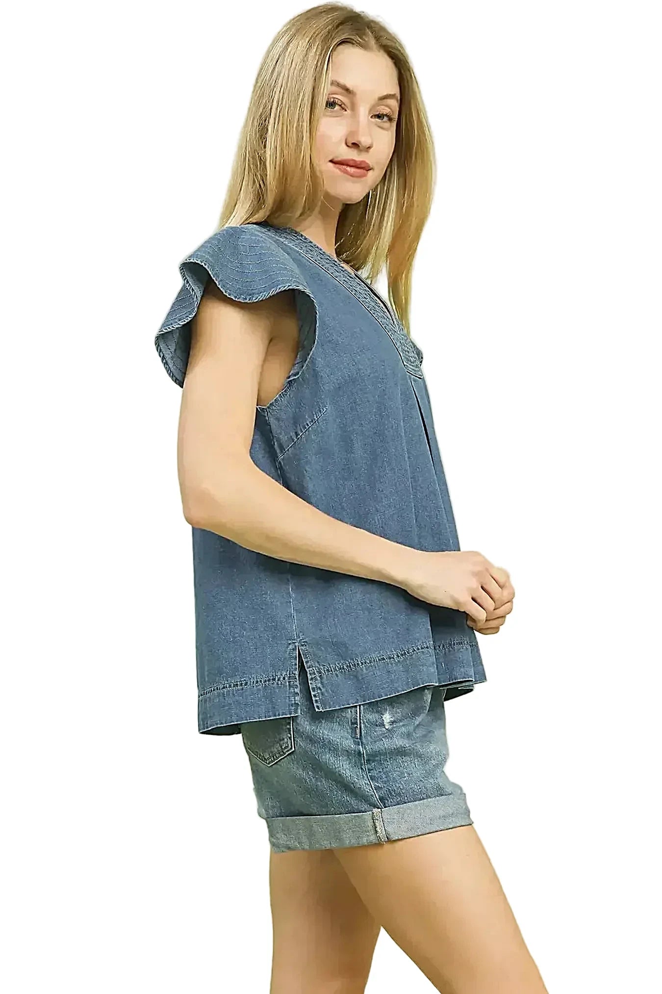 Umgee Cap Sleeve Denim Top -