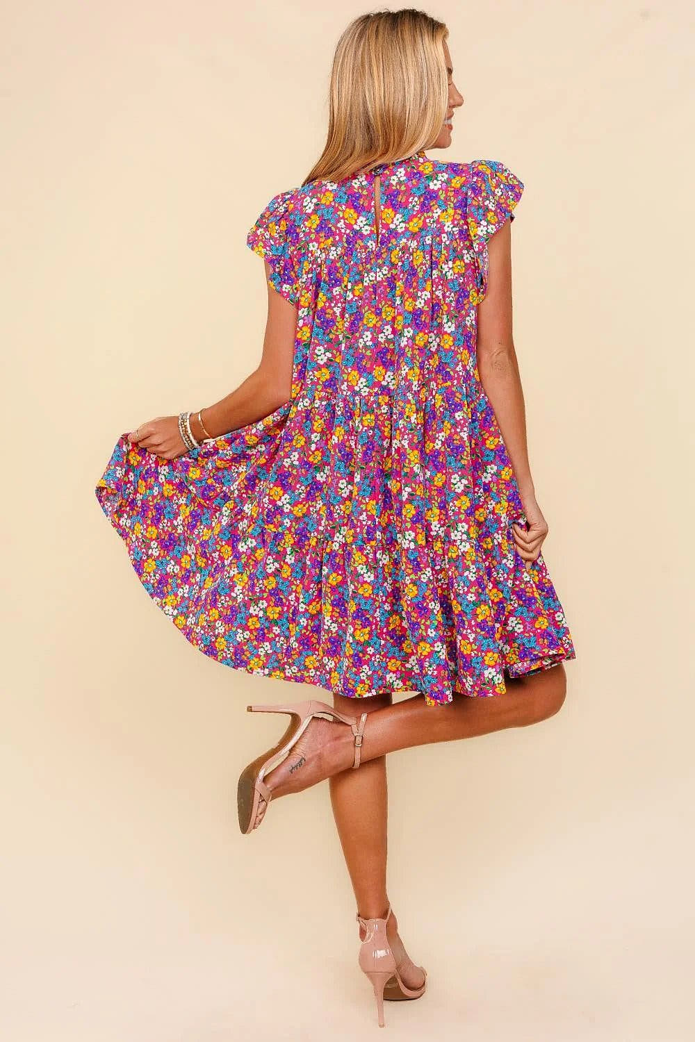 Haptics Frilled Mock Neck Ditsy Floral Dress -