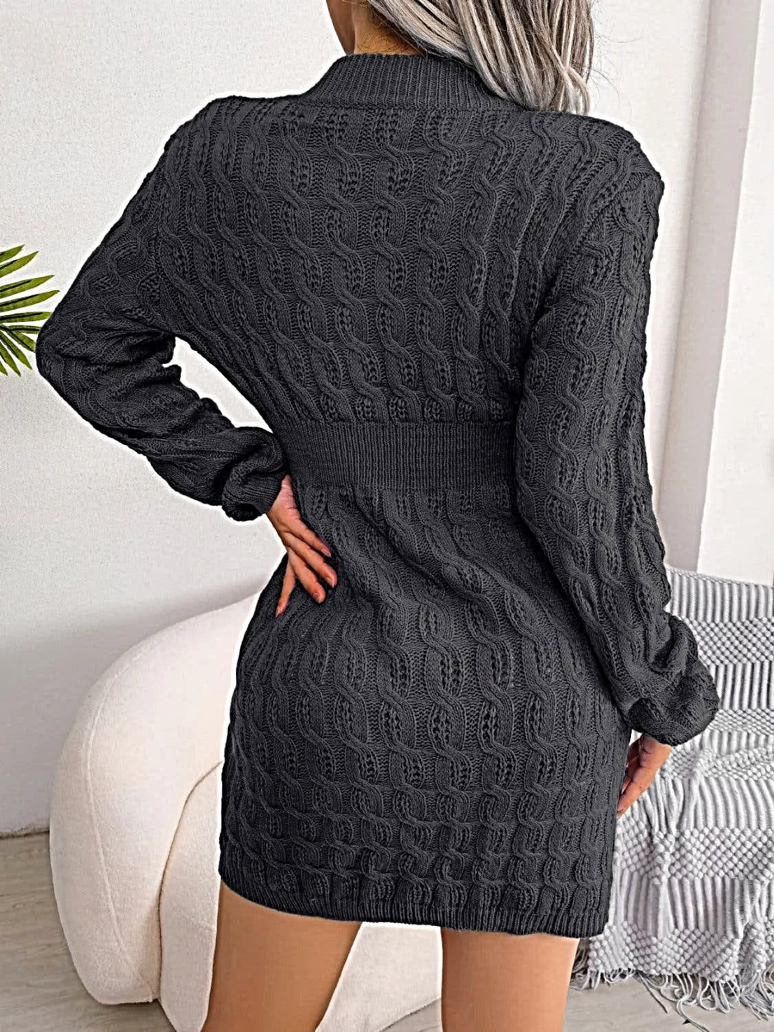 Luxury Cable Knit Sweater Dress with Round Neck and Mini Wrap Design – High-Quality Acrylic -
