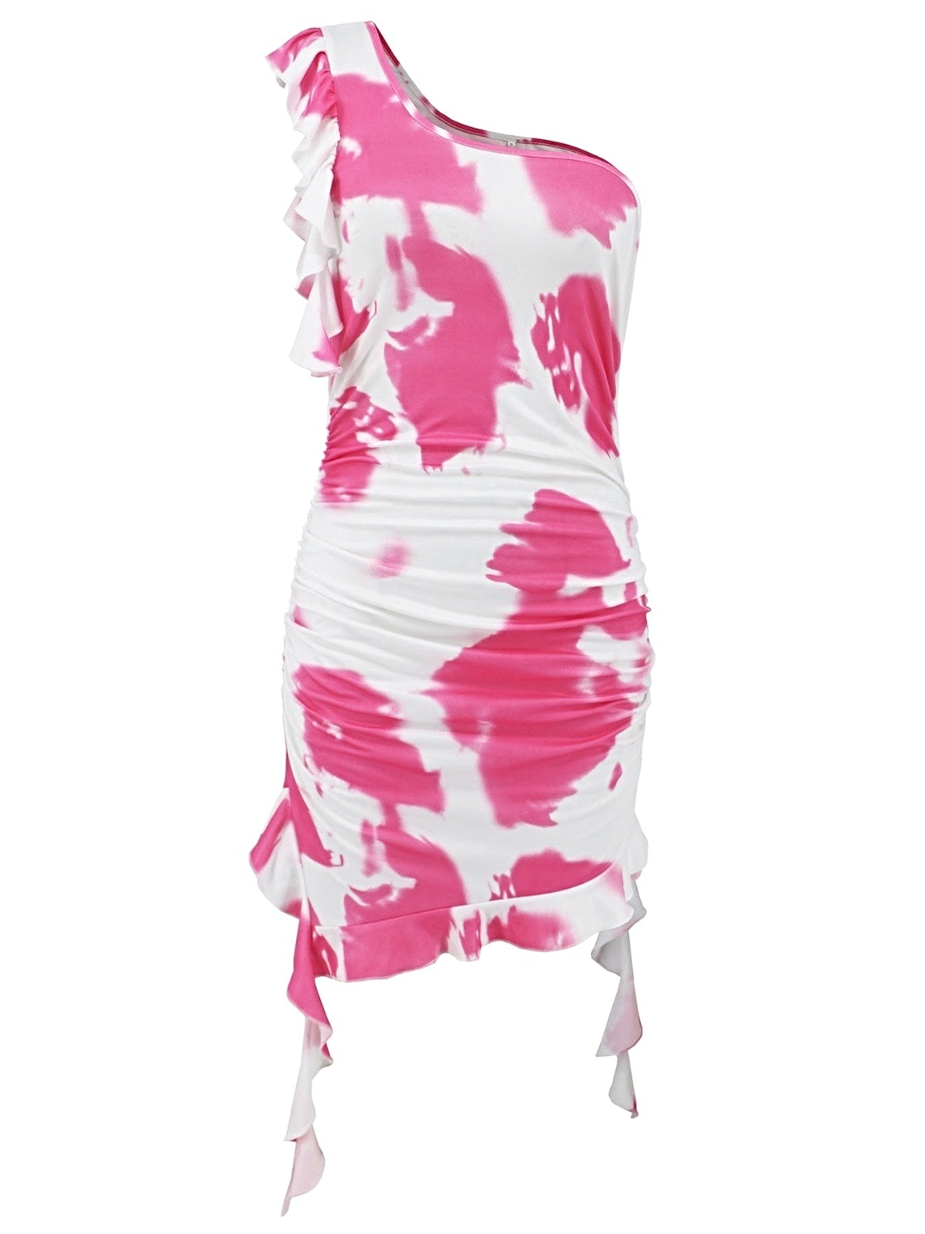 Ruffled Tie-Dye Single Shoulder Mini Dress -