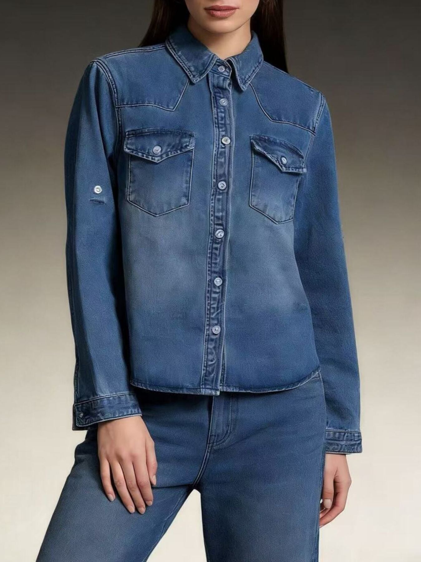 Button Down Classic Western Style Denim Top -