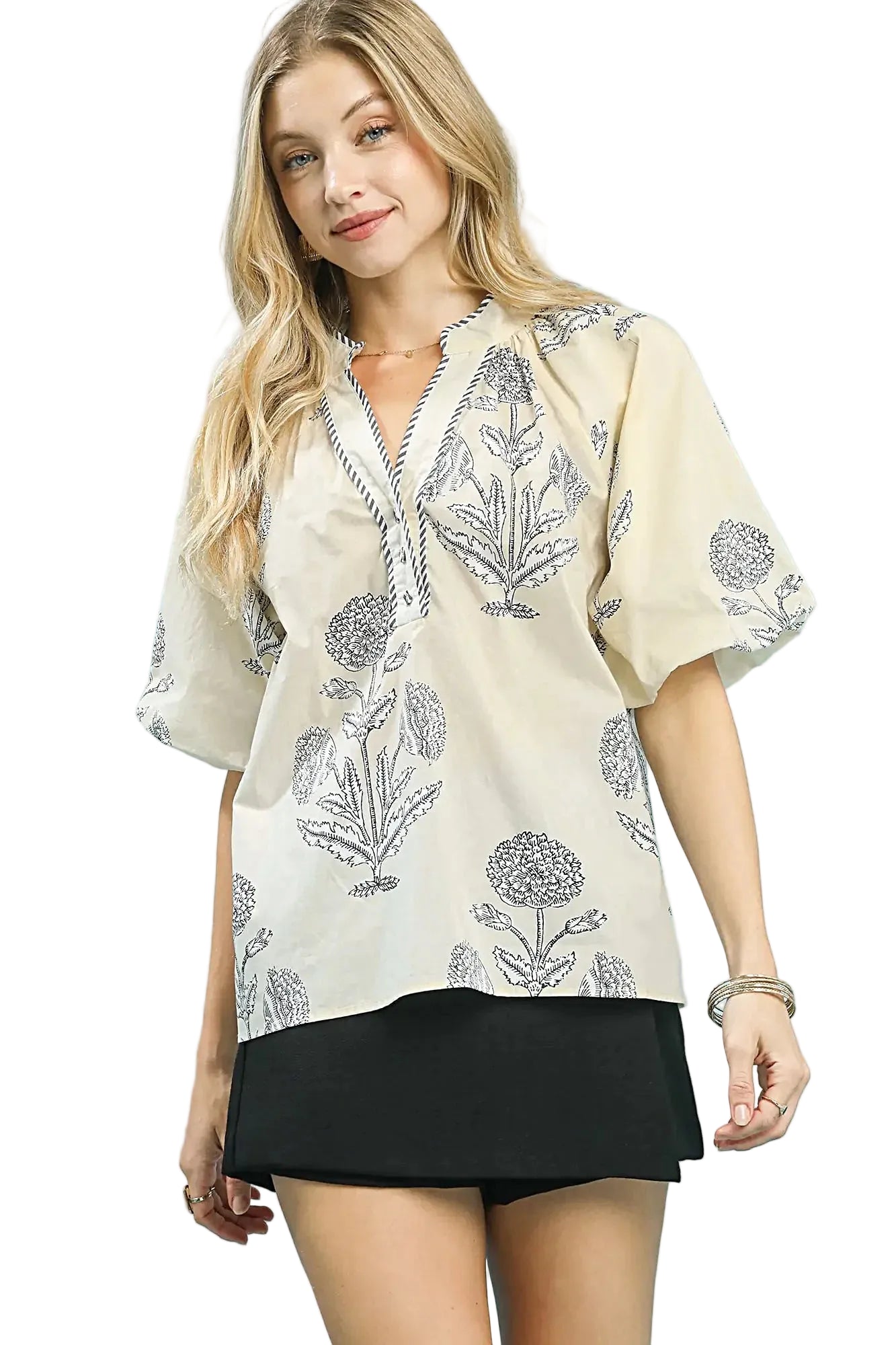 Umgee Floral Print V-Neck Top -