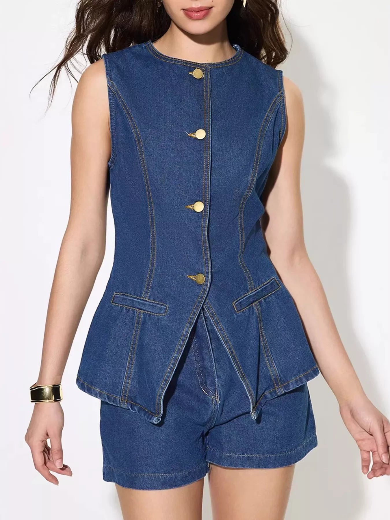 Button Up Sleeveless Denim Top -