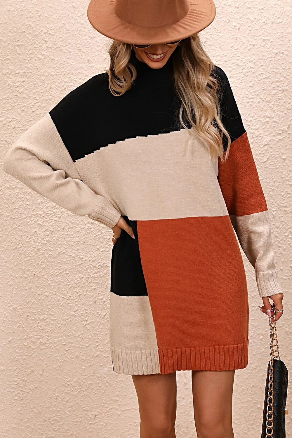 Stylish Color Block Sweater Dress with Mock Neck and Dropped Shoulders - Casual Mini Length Trendsi