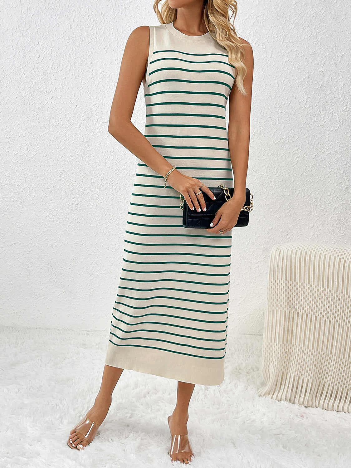 Round Neck Sleeve Midi Knit Dress -