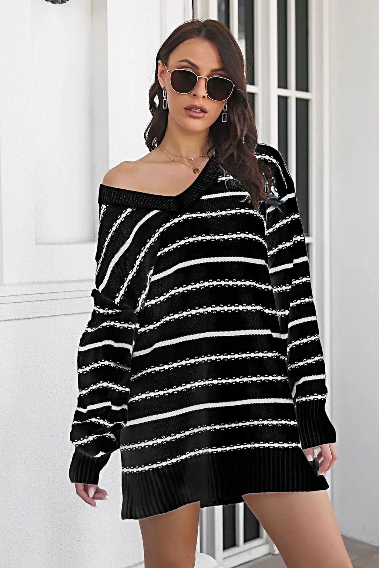 Striped V-Neck Sweater Dress -