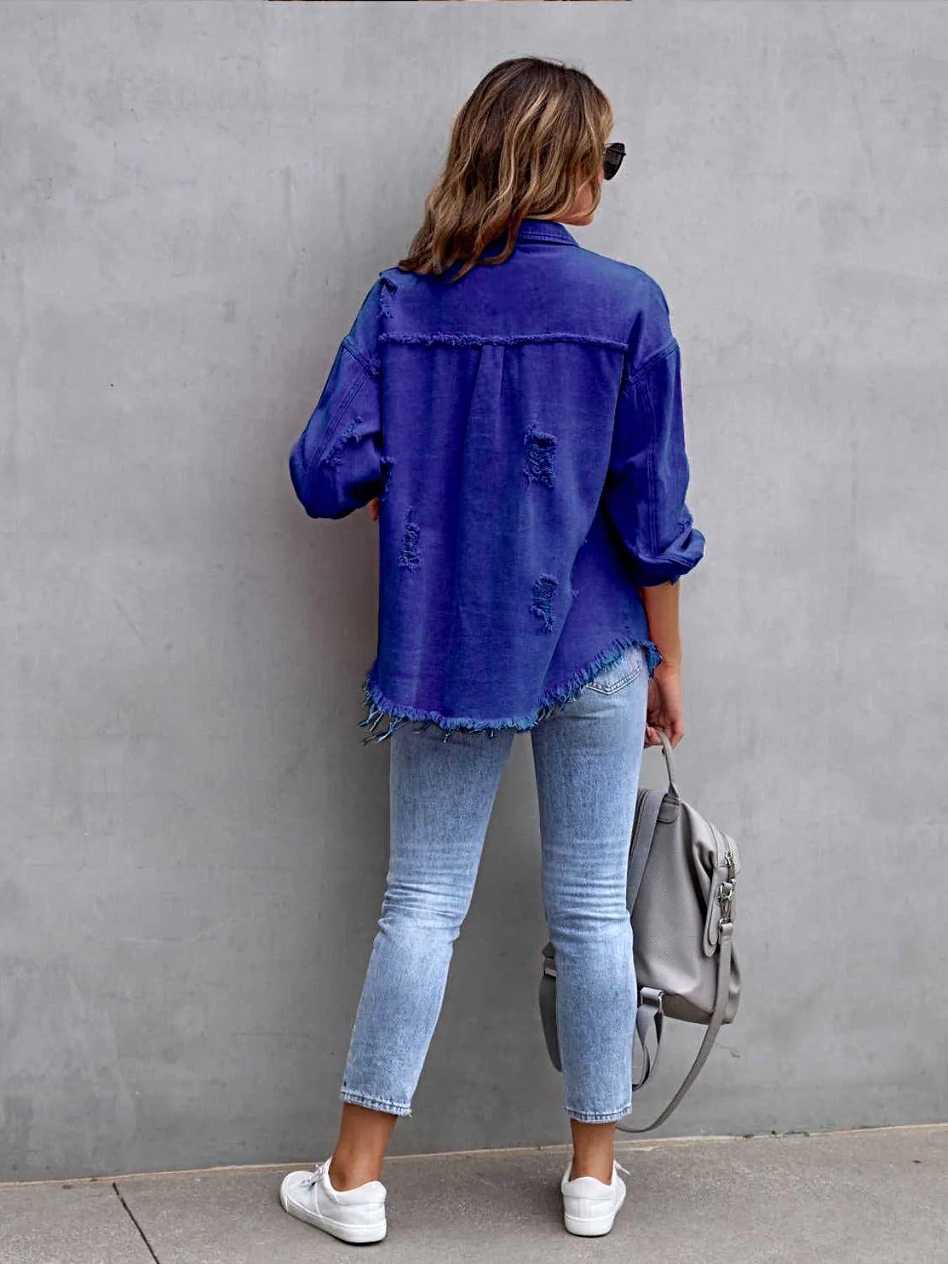 Distressed Drop Shoulder Denim Jacket -