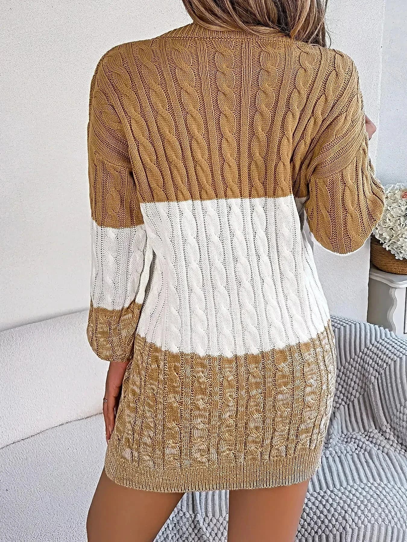 Color Block Cable Knit Sweater Dress with Textured Pattern -