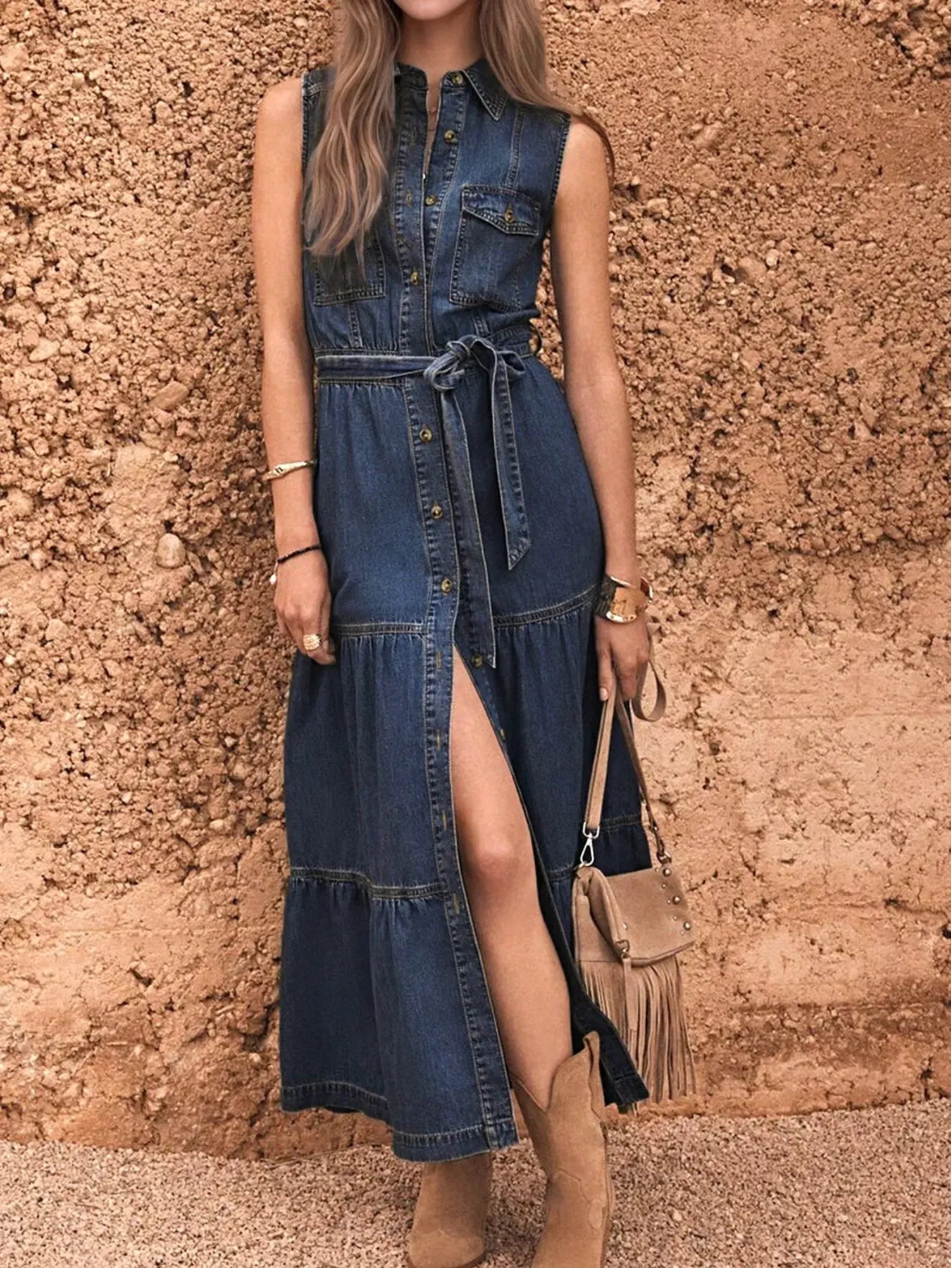 Button Front Sleeveless Denim Dress -