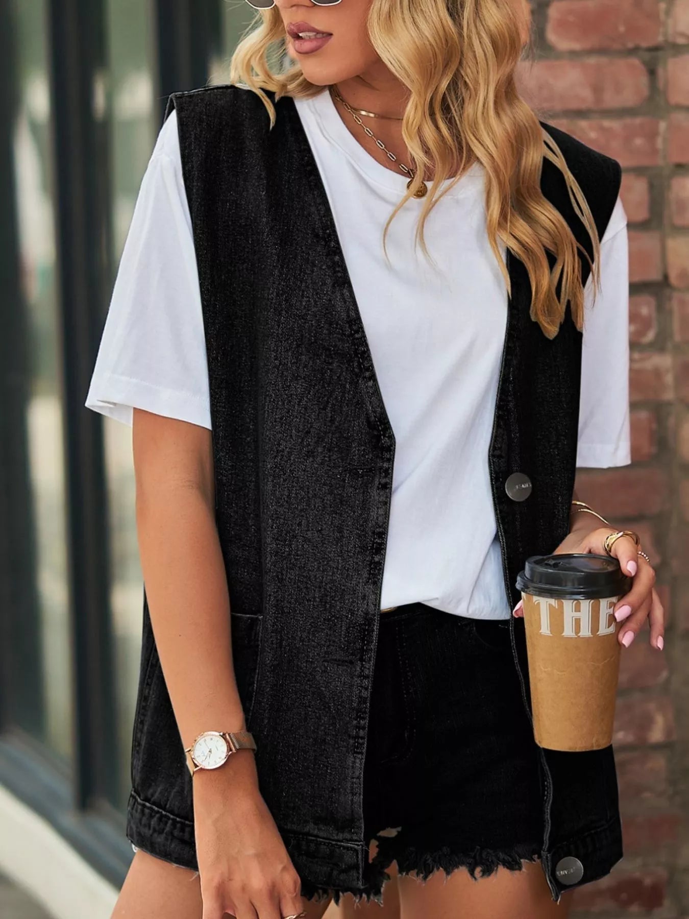 Sleeveless Button-Down Denim Jacket Vest -