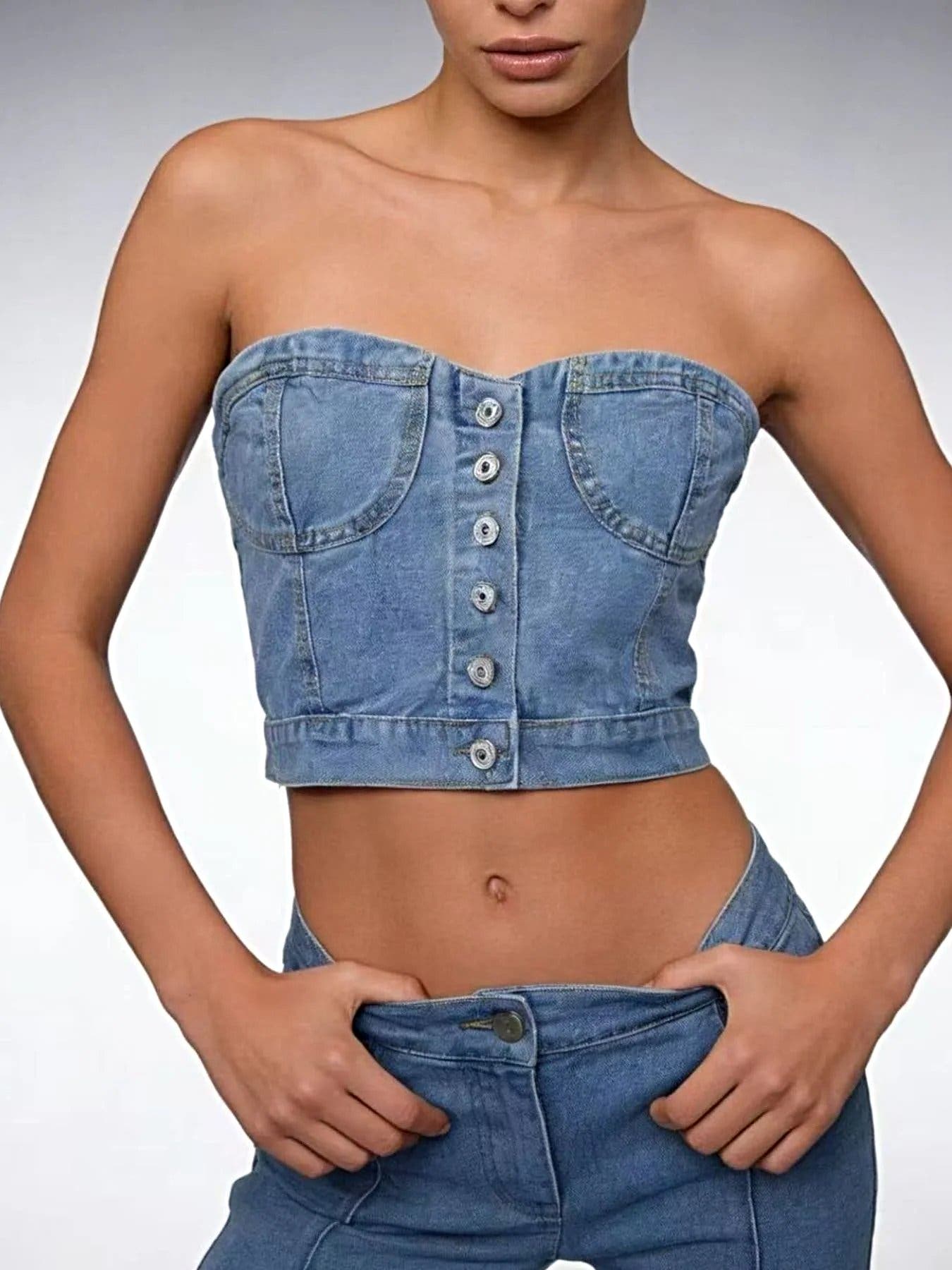 Button-Front Denim Tube Top -