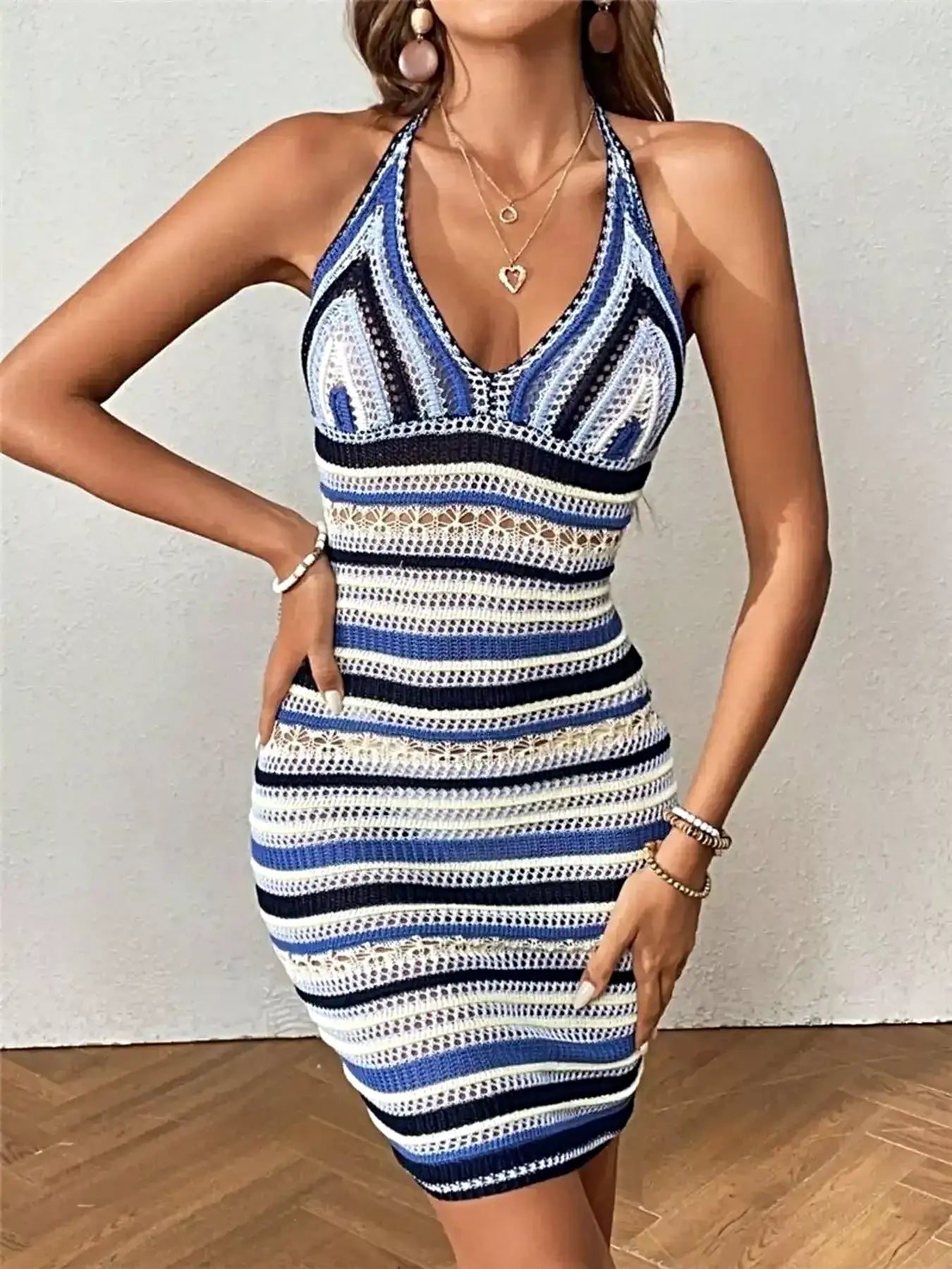 Striped Crochet Halter Neck Sweater Dress -