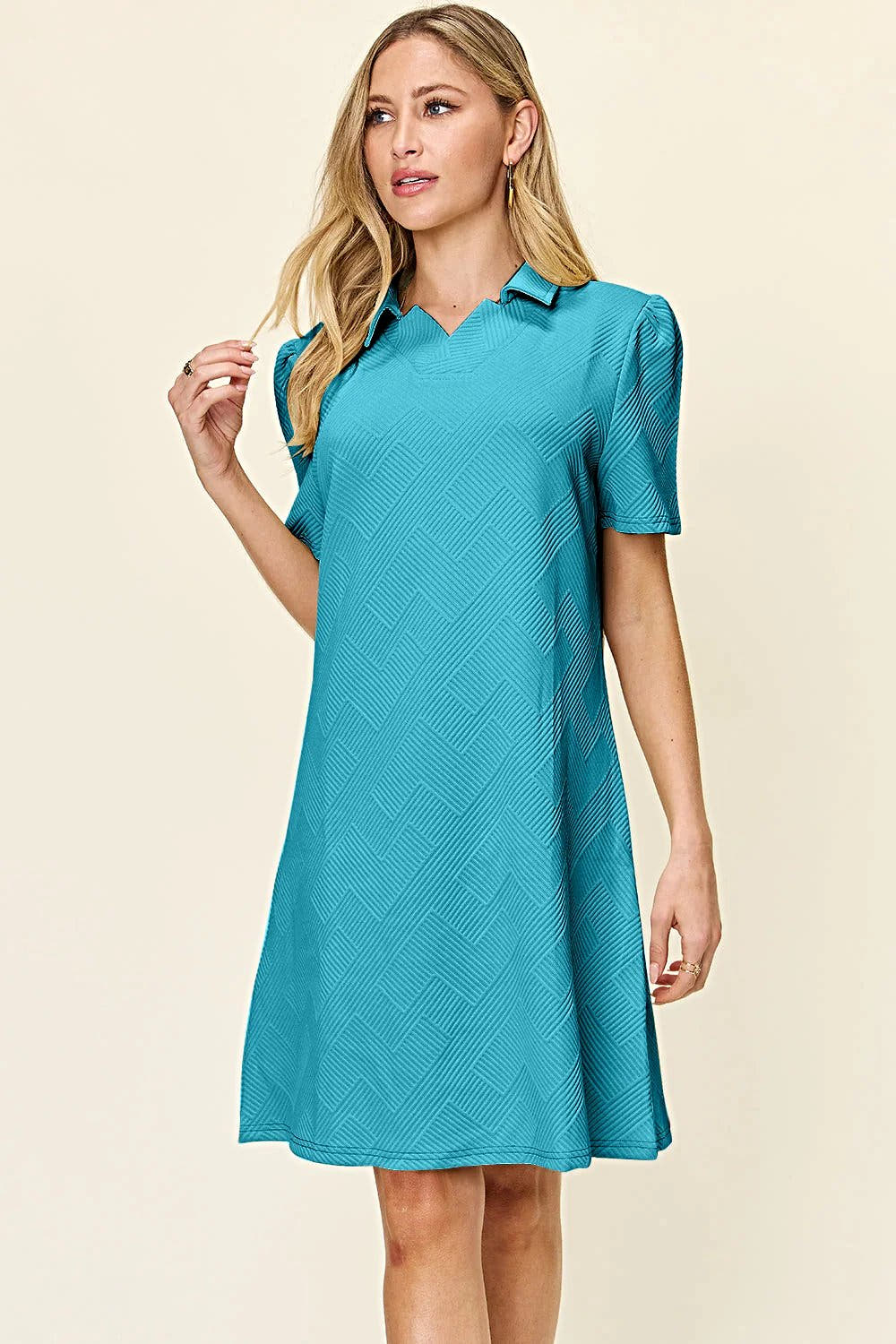 Elegant Double Take Short Sleeve Collar Dress - Textured Opaque Design, Slightly Stretchy, Machine Washable Trendsi