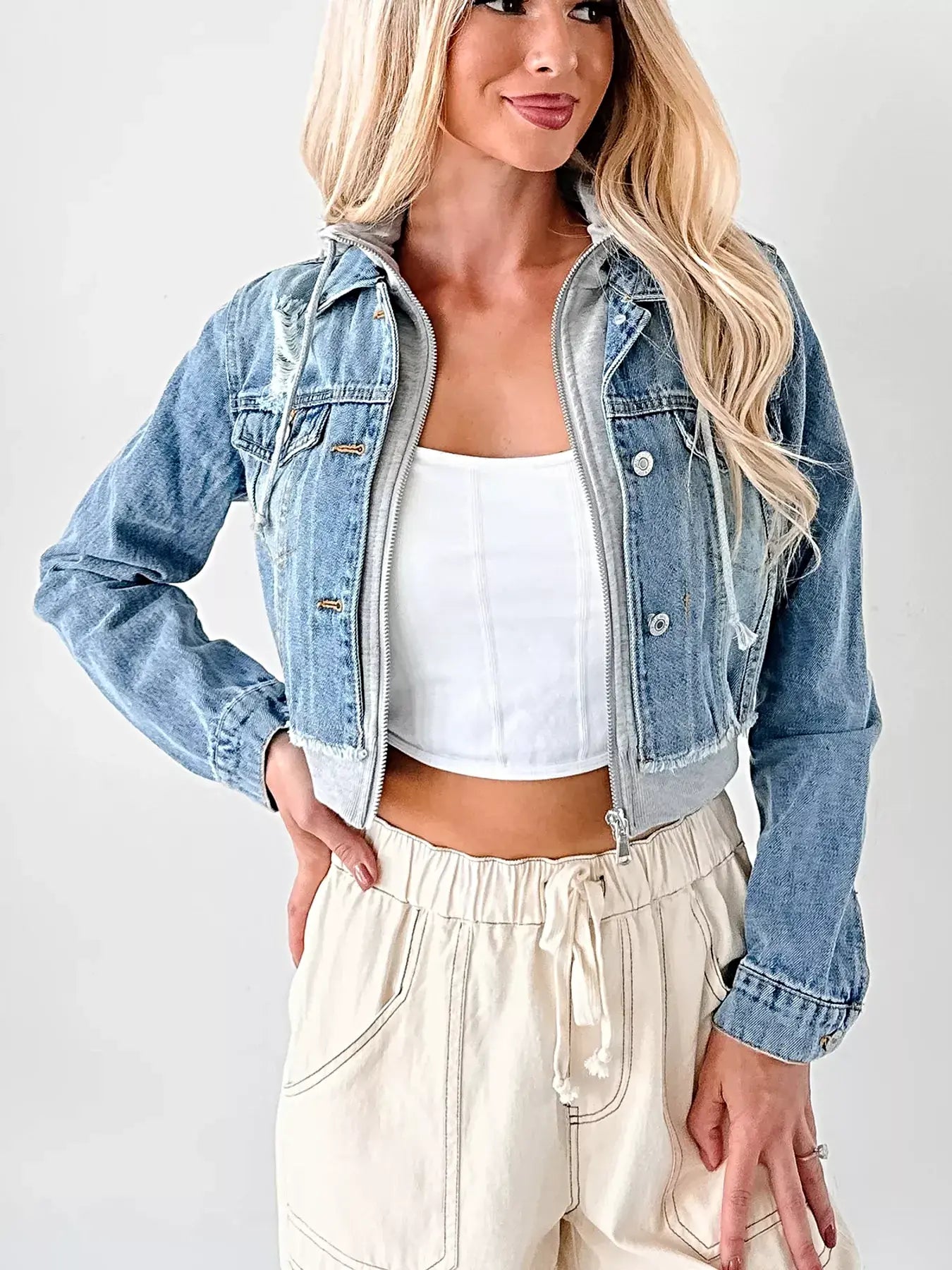Distressed Zip Up Cropped Hooded Denim Jacket -