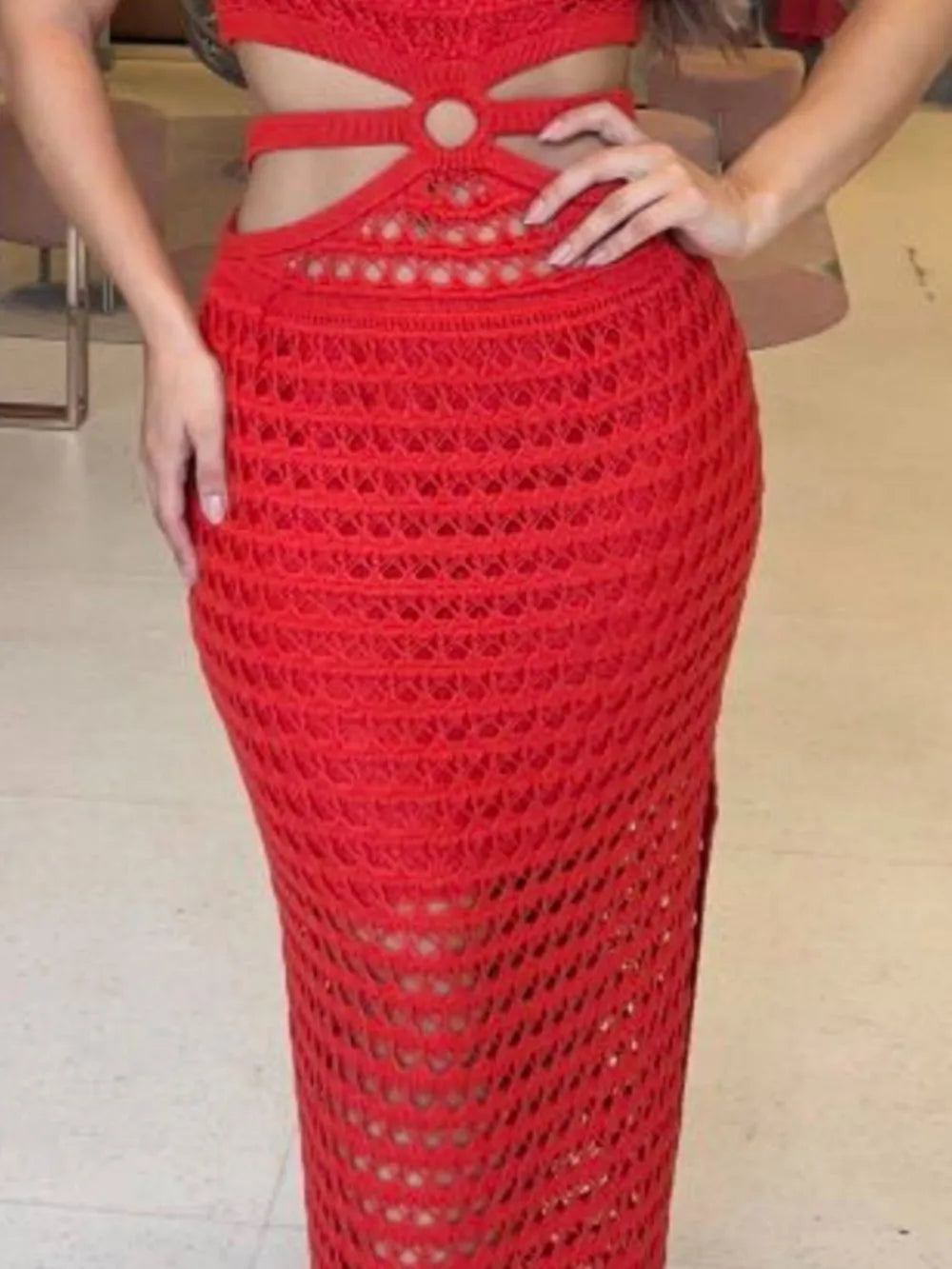 Cutout Slit Round Neck Sweater Dress -
