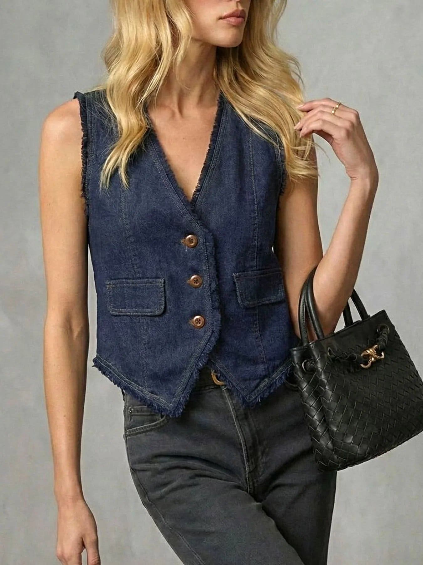 Frayed Hem Denim Vest -