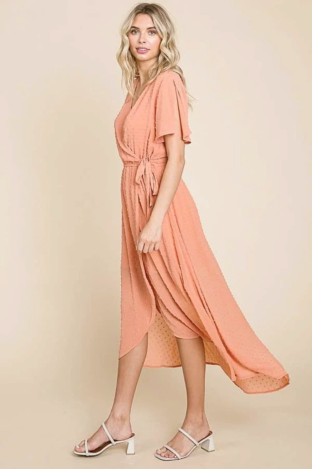 Culture Code Full Size Swiss Dot Tied Slit Short Sleeve Dress -