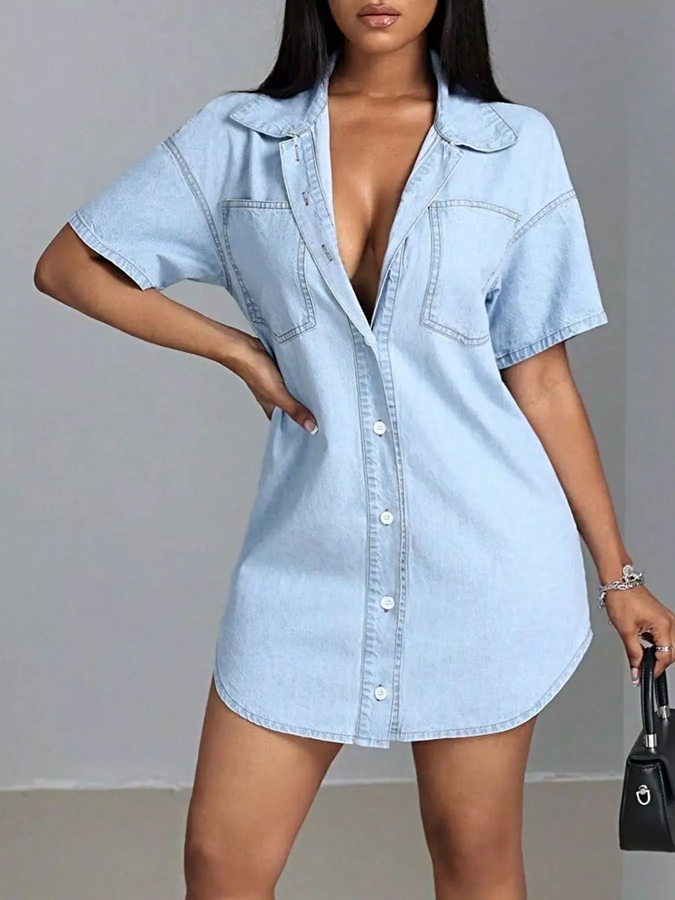 Button-Down Short Sleeve Denim Dress -