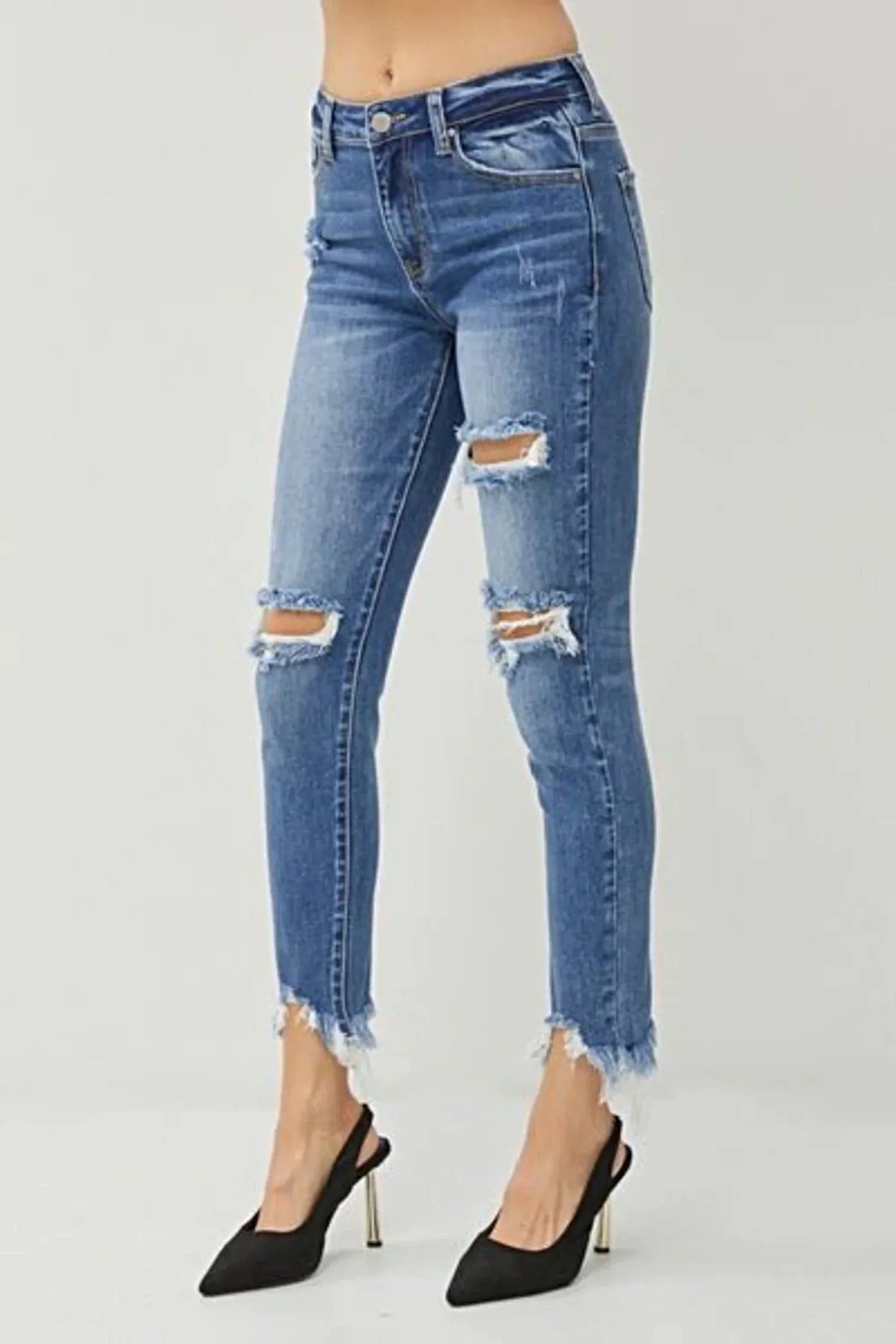 RISEN Distressed Frayed Hem Slim Jeans - Jeans